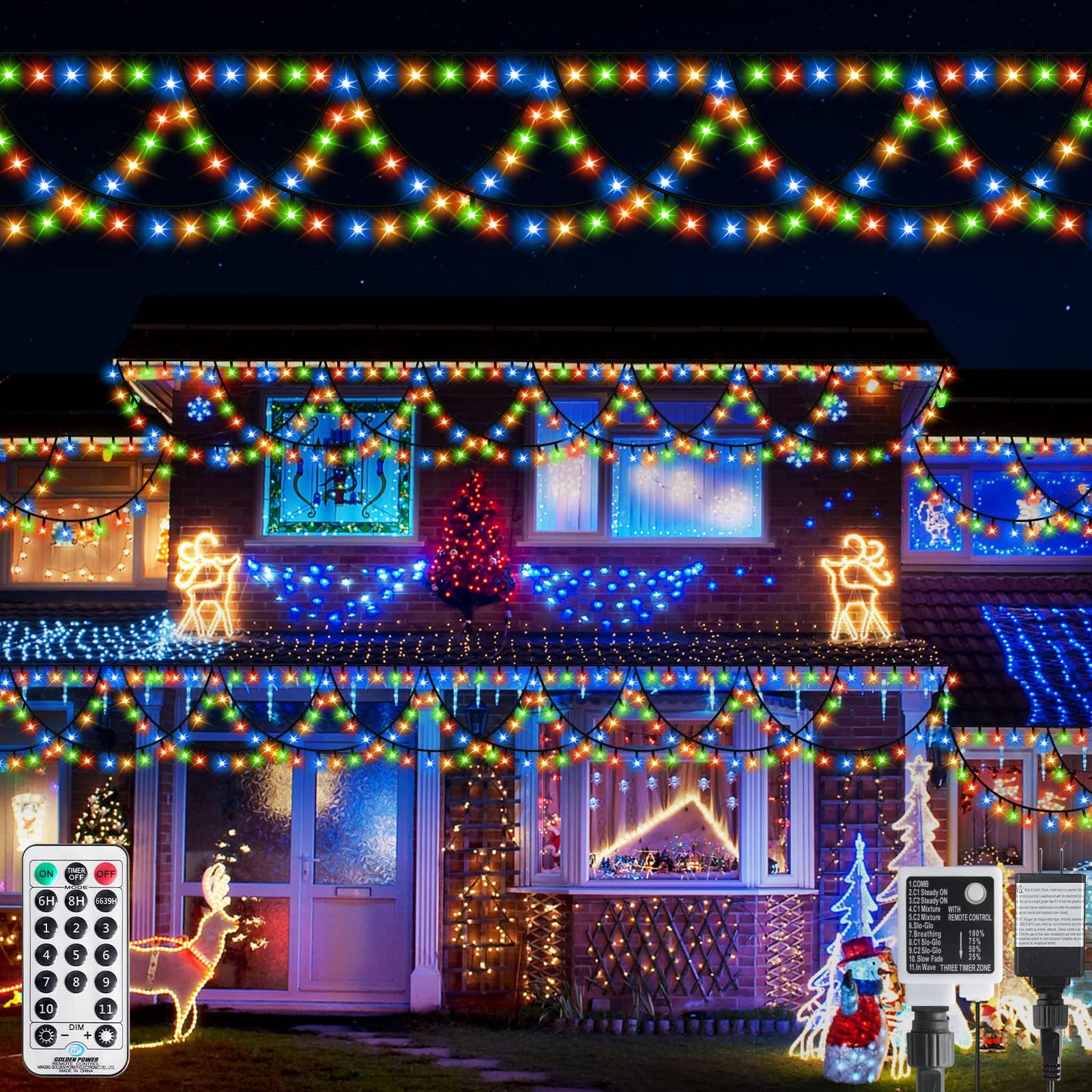 XTF2015 Outdoor Christmas lights Decor 40FT 380 LED Timer Remote Color Changing Christmas Light Extendable 11 Modes, Half Round String Lights for House Roof Eaves Garden Patio(Warm White + Multicolor)