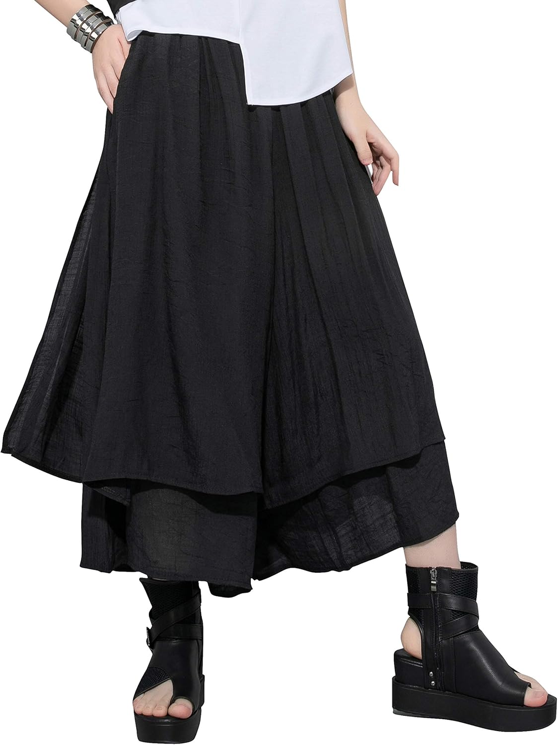 ellazhu Women's Loose Fit Wide Leg Pants with Side Pockets for Casual Lounge Wear Culottes Style GY2416 A
