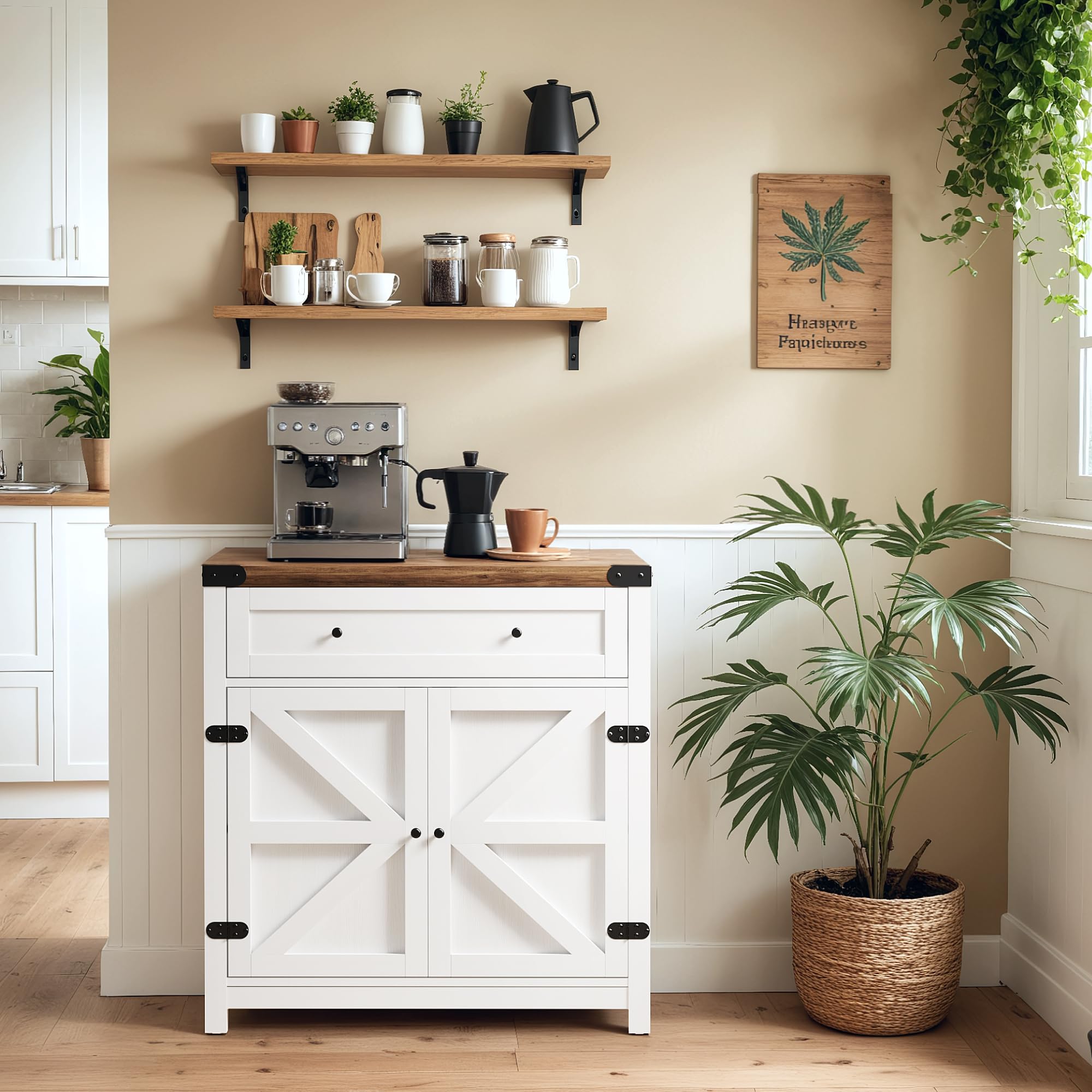 YESHOMY Coffee Bar and Accent Cabinet, Farmhouse Barn Door Buffet Sideboard with Drawer and Adjustable Shelf, Wide Desktop for Kitchen, Dining Room,