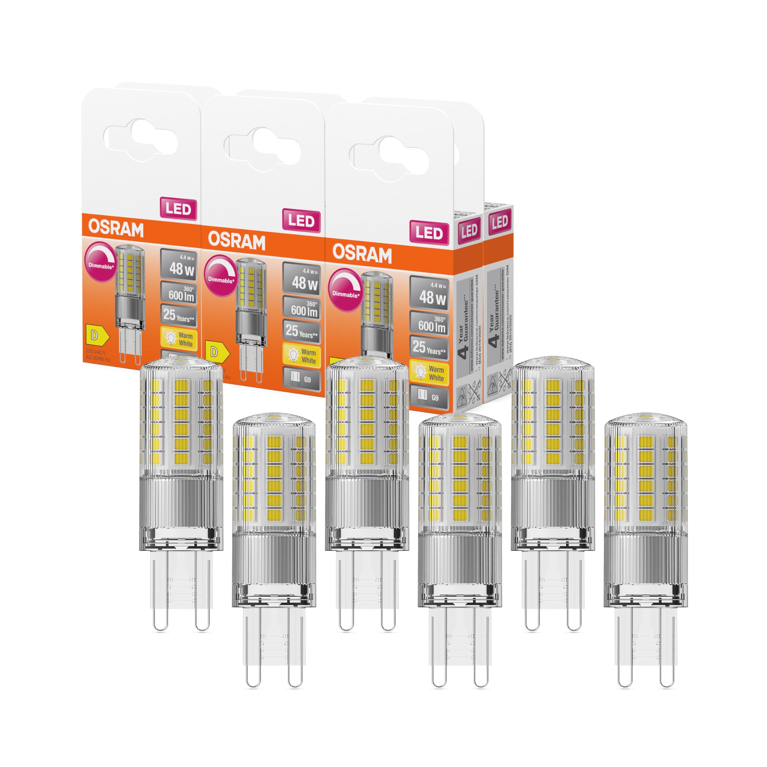 Osram LED PIN LED-Lampe aus klarfarbenem Kunststoff, mit 4.4 W für 600 lm, warmweißes Licht mit 2700 K, multicolor, Retrofit-Stecksockel G9, CRI 80, EEK D, dimmbar, 6-Pack