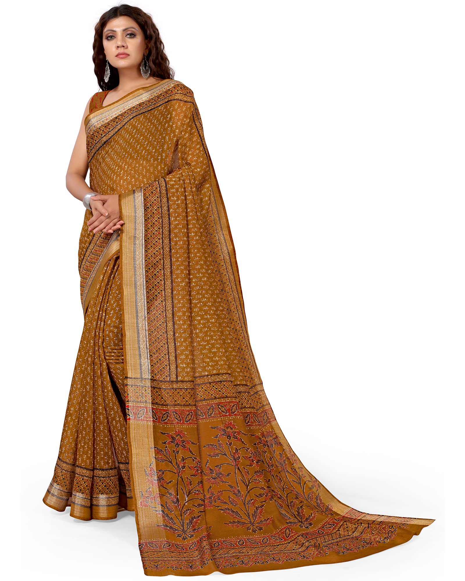 Hritika Rust Cotton Blend Paisley Print Saree_(SHY_GR13057SR01)