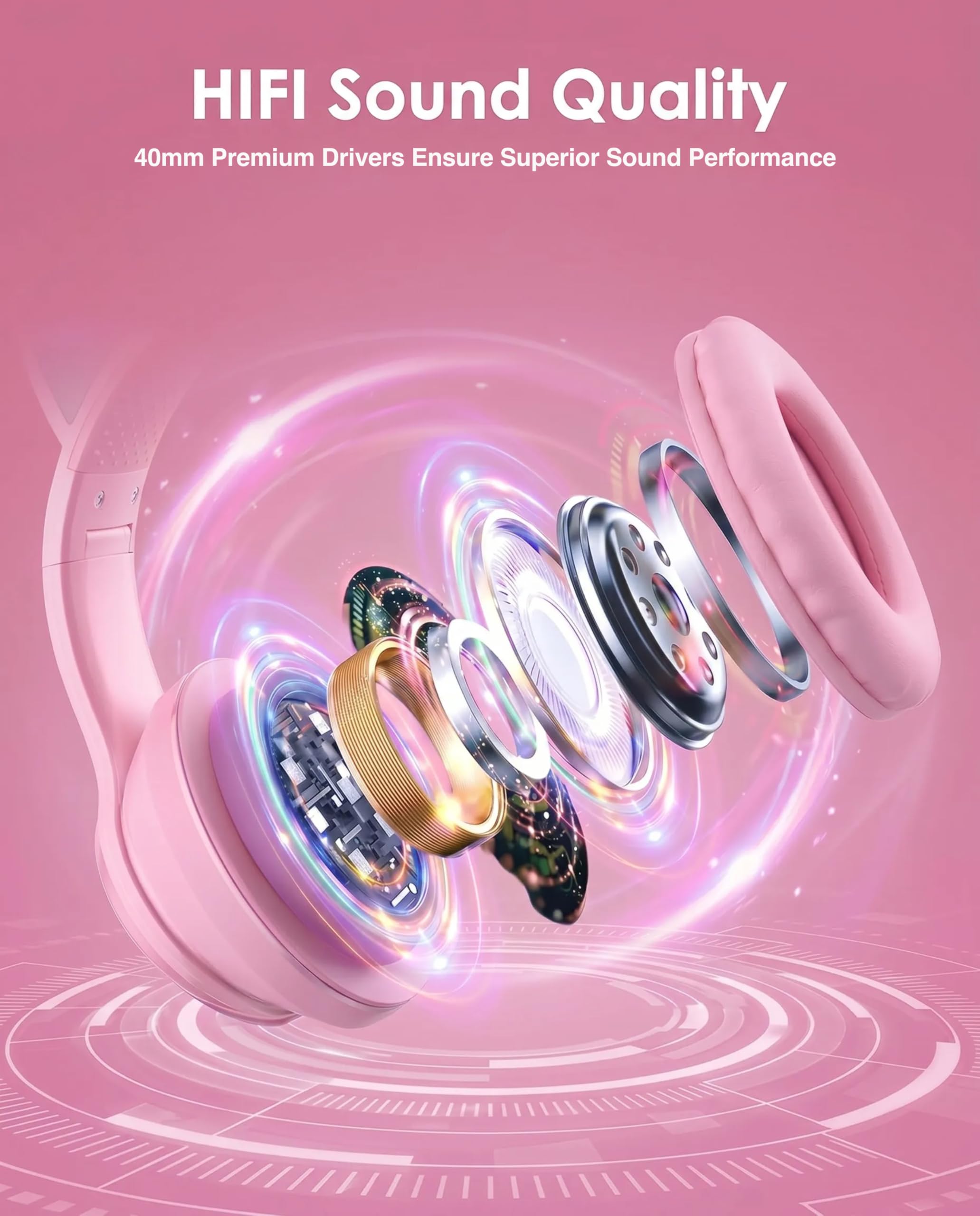 Cat Ear Gaming Bluetooth 5.2 Kabellose Faltbare Kopfhörer mit LED-Licht, Stereo-Spiel Surround Sound Over-Ear Headsets mit Mikrofon AUX für PC, Pad, Handy, Laptop, Spiel, Kinder, Geschenk