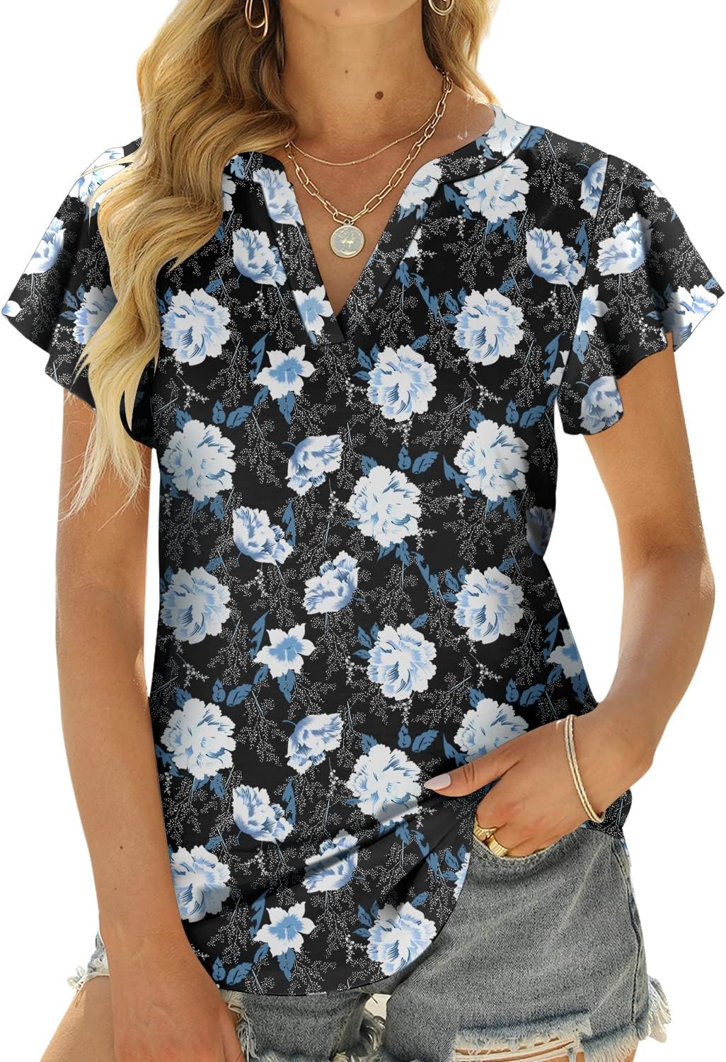 Womens Tops V Neck Ruffle Short Sleeve Tshirts Tunic Summer Business Casual Tops Blouses for Women A Black Peony Medium