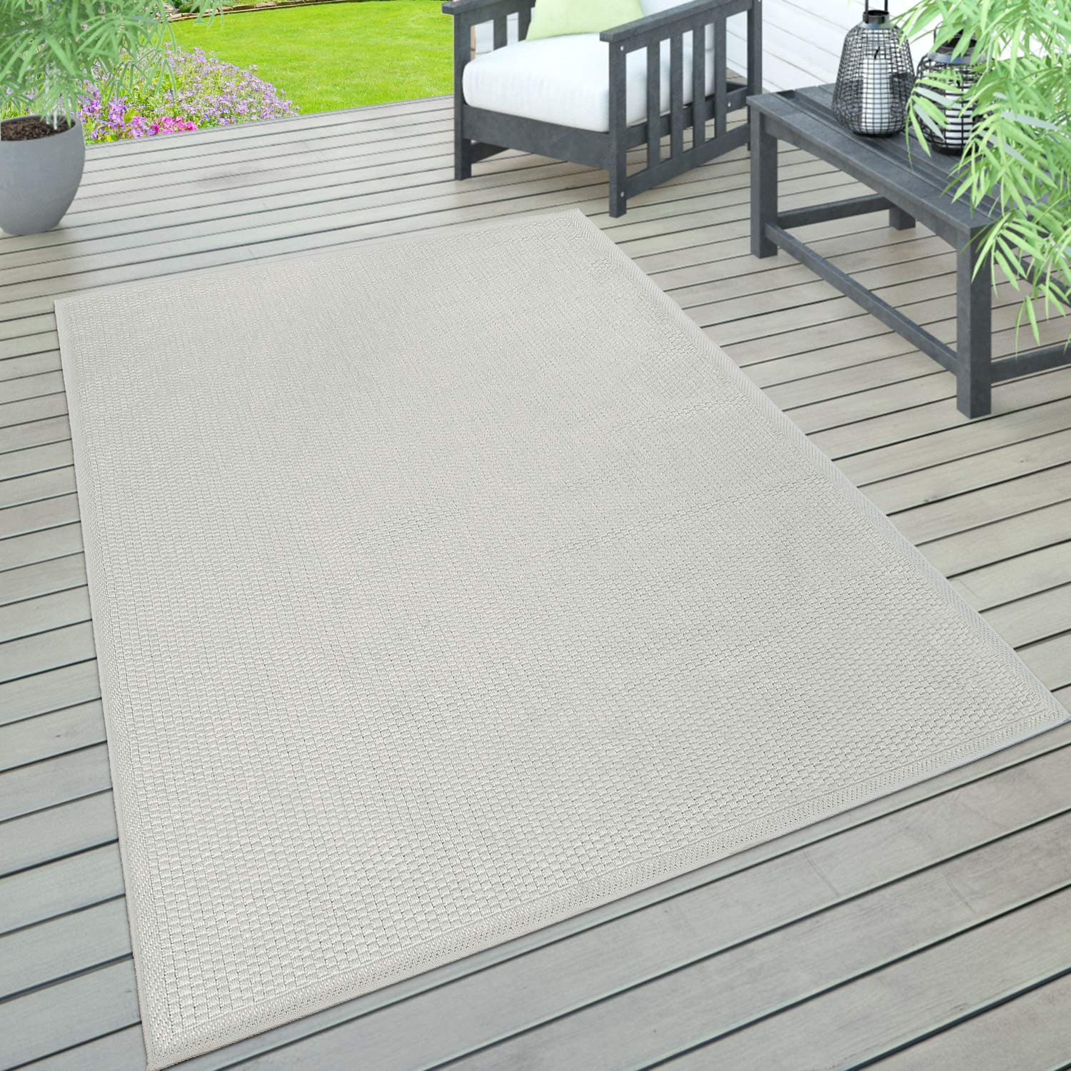 Paco Home Indoor & Outdoor Rug, Terrace And Balcony, Weatherproof One Colour With Texture, Size:120x160 cm, Colour:Ivory