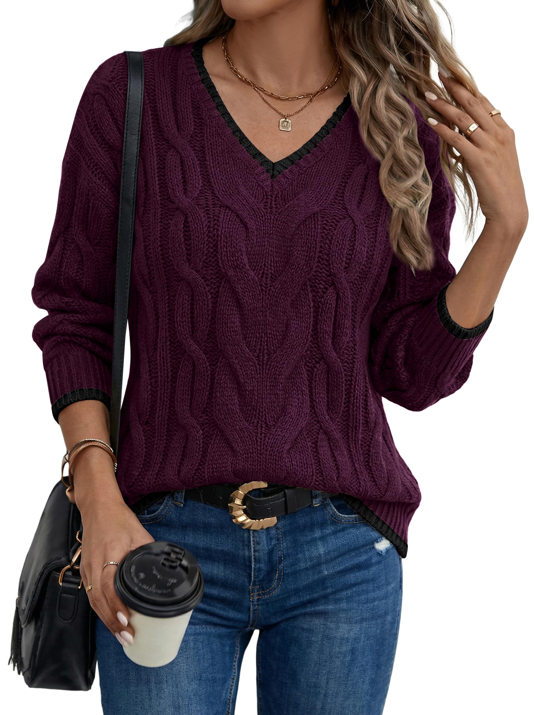 LaGracia Womens Oversized Cable Knit V Neck Sweaters Trendy Color Block Sweater Pullover 2026