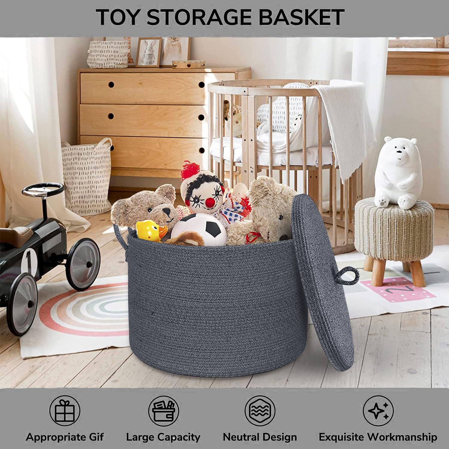 21" x 18" Extra Large storage baskets,Decorative blanket basket with lid for Living room,rope baskets with lid,wicker hamper for bedroom,Big,Round,Dark Grey