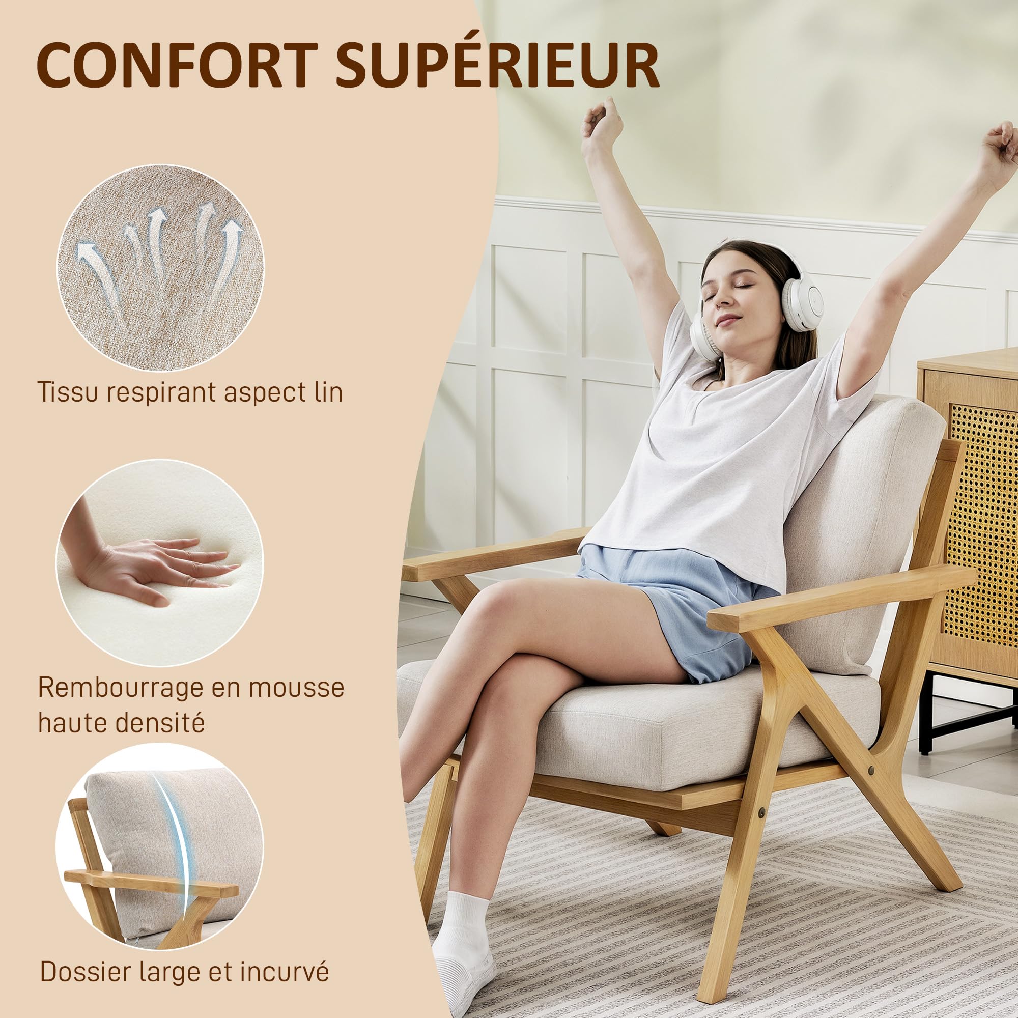 HOMCOM Wohnzimmersessel, skandinavischer Sessel aus Stoff in Leinenoptik mit dicken Kissen, gepolsterter Sitzfläche und Beinen aus Hevea-Holz, Wohnzimmerstuhl, Schlafzimmer, Leseecken, beige
