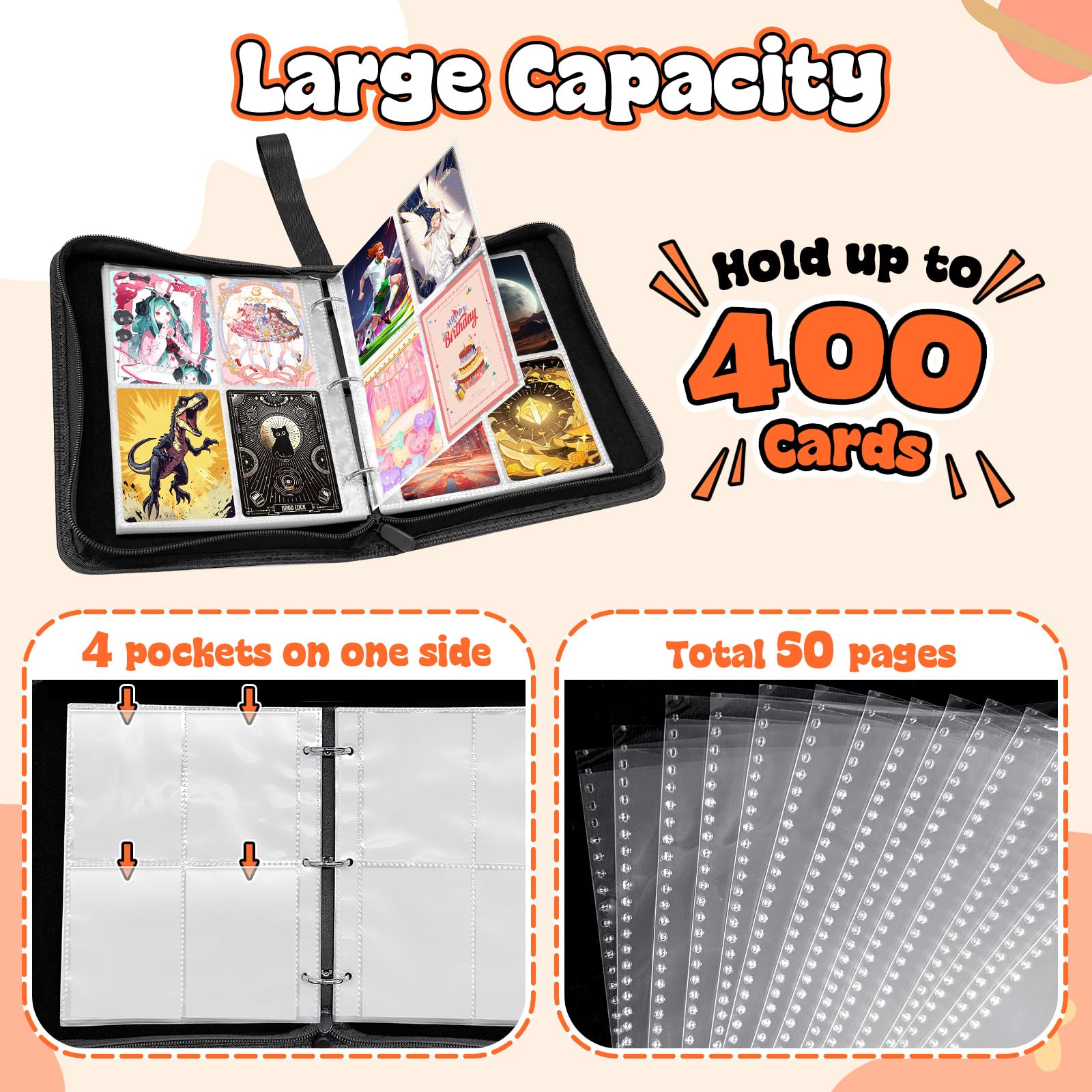 TOYABI Card Binder,50 Pages 400 Pockets Trading Card Binder,4 Pocket Cards  Binders,PU Waterproof Graded Card Binder,Cards Folder Trading Card Album, Binders Folder Graded Card Binders with Zipper - BigaMart