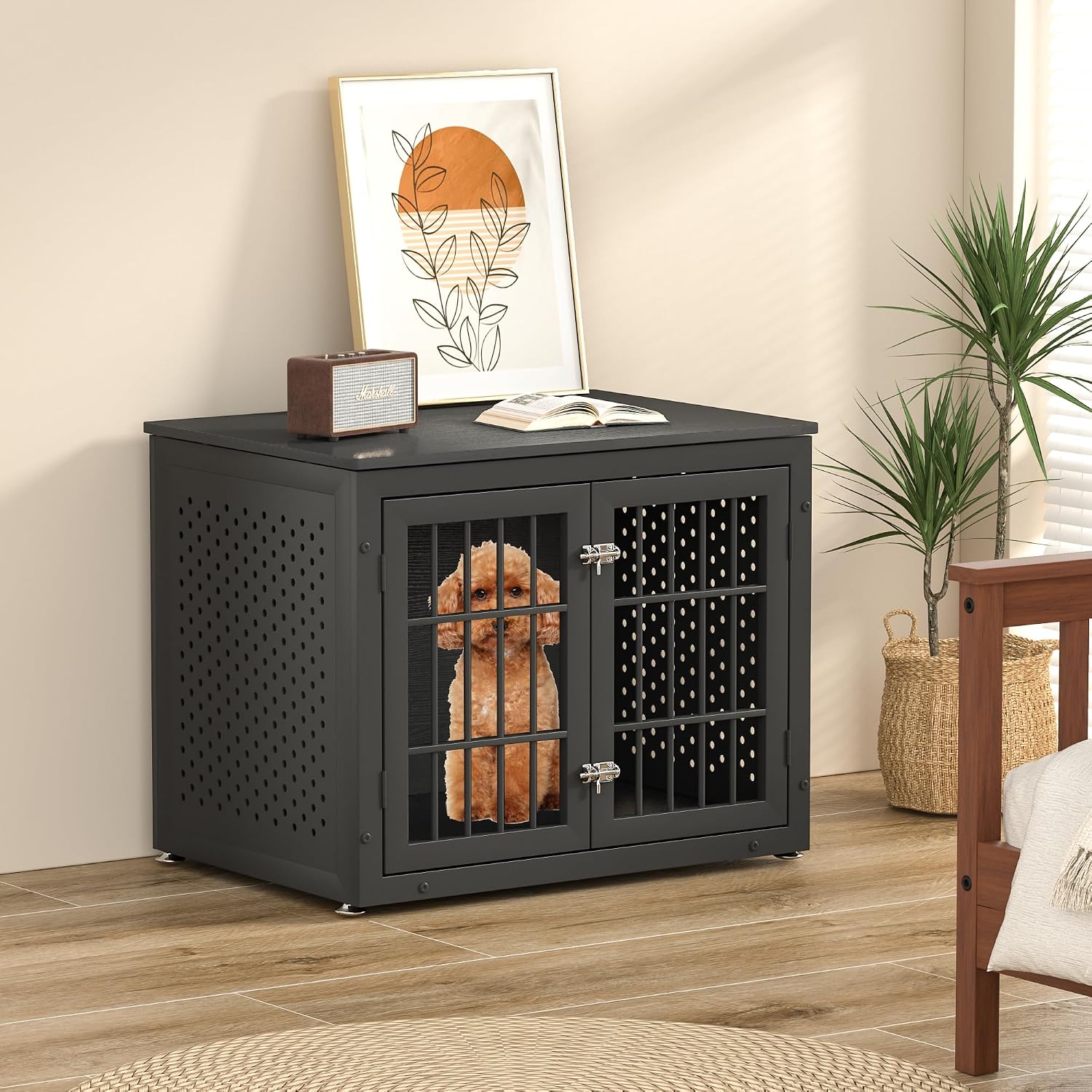rehomerance 32" Heavy Duty Dog Crate Furniture for Small and Medium Dogs, Metal Kennel for High Anxiety Dogs, Chew Proof Pet Cage Indoor, Decorative Dog Kennel End Table