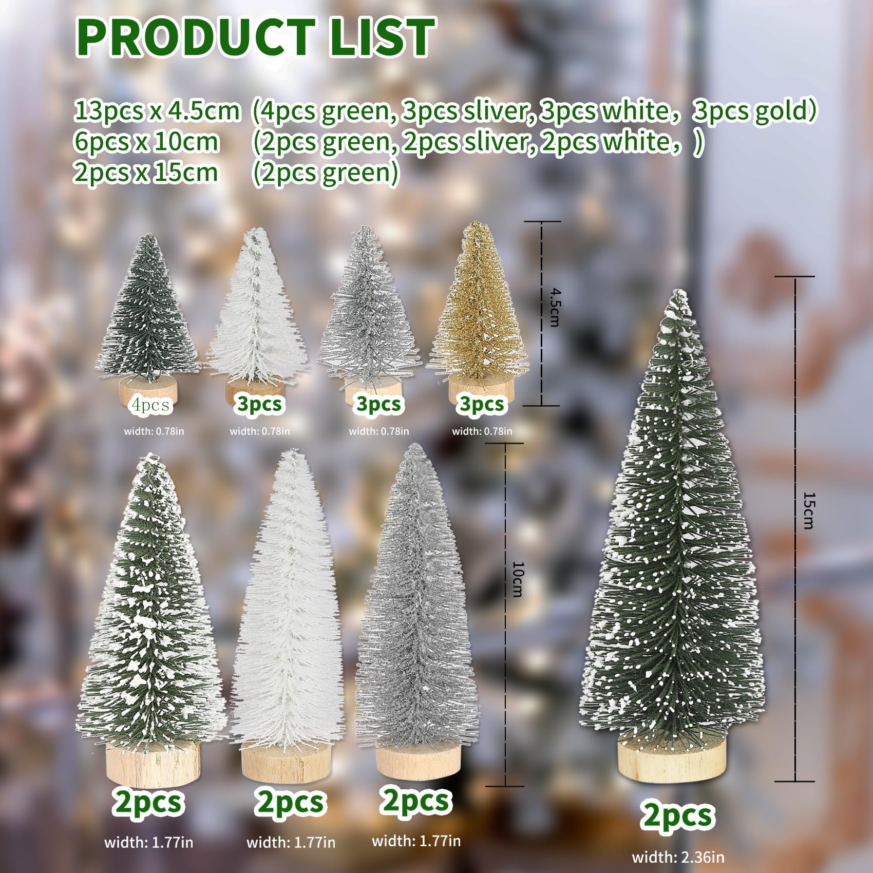 Set 21 Mini Alberi Di Natale Artificiali, 4,5-10-15 Cm, Verde, Argento, Bianco, Oro, Con Base In Legno - 2