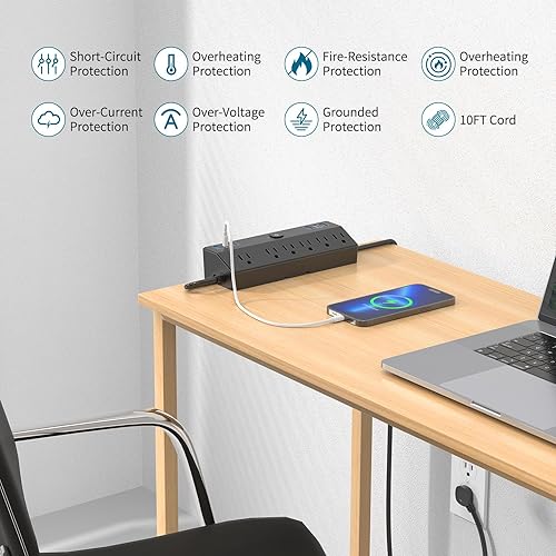 Miniatura 6 de Abrazadera de escritorio con tira de alimentación y estación de carga rápida de 40W, JXGUCAT tira de alimentación con enchufe plano de 10 pies,