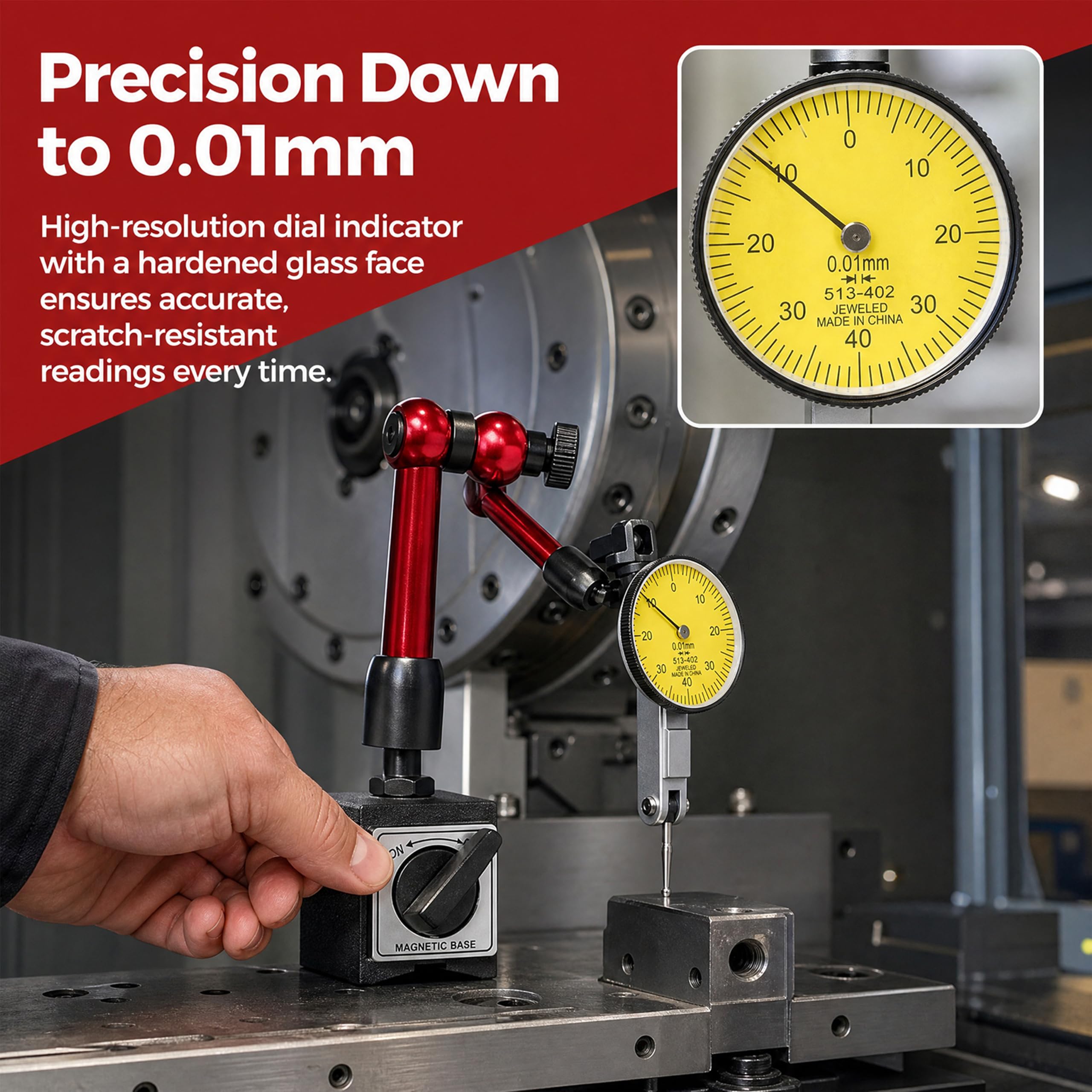 Präzisions-Messuhr mit Magnethalter,0-0,8 Mm Messbereich,Robuste Hebel-Testanzeige in Rot mit Stoßschutz,Inklusive Flexiblem Magnetstativ für Drehbank & Fräsmaschine