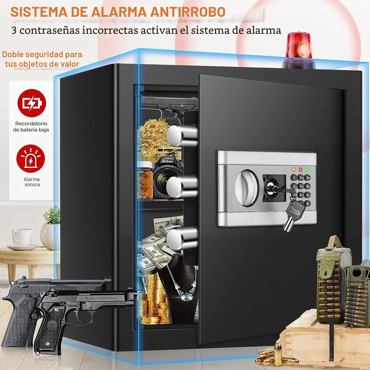 Caja de seguridad doméstica de 54L con bolsas ignífugas, Caja de seguridad secreta de hotel con cerradura de combinación con cerradura de tres pernos y estante removible 45x31x37cm VIHBRAI