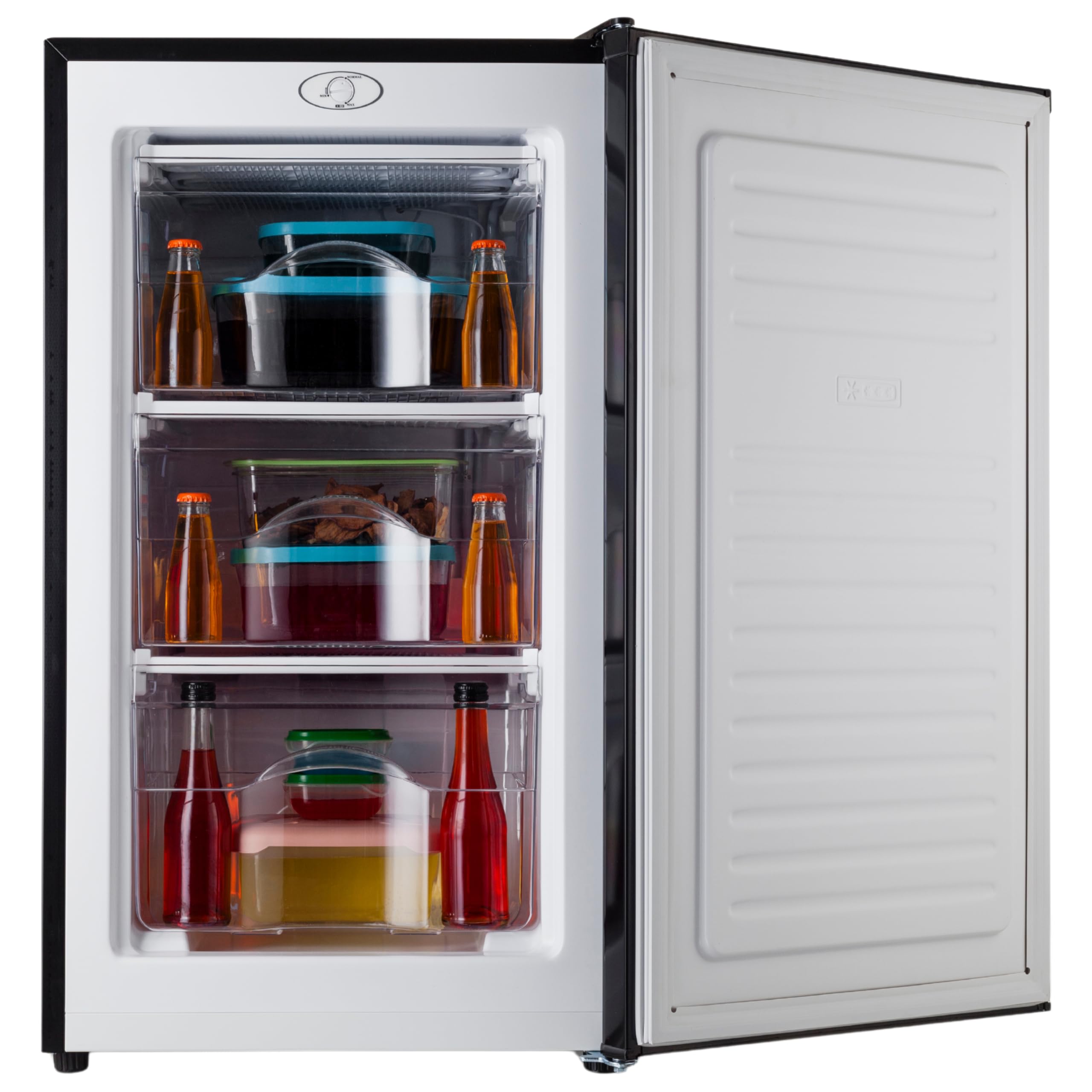 PremierTech Congelatore Verticale Nero, 64 Litri, 3 Cassetti, 4 Stelle, -24°C, Classe Energetica E, Porta Reversibile, Termostato Regolabile, Libera Installazione, Sottotavolo, Freezer, PT64FRB