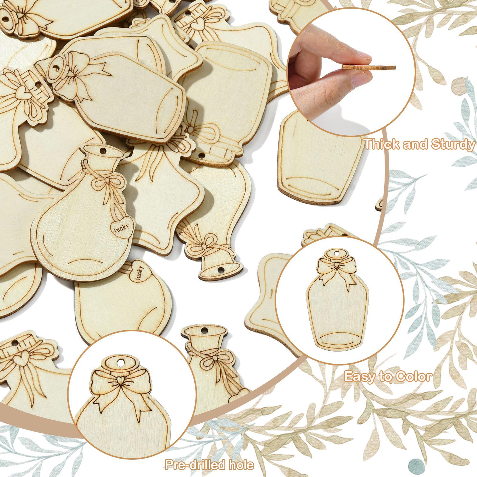 UR URLIFEHALL 40 Pcs 4 Styles Wooden Wishing Bottle Charms Unfinished Blank Wood Slices with Hole for Crafts Scrapbooking Home Garden Party Decor - Image 3