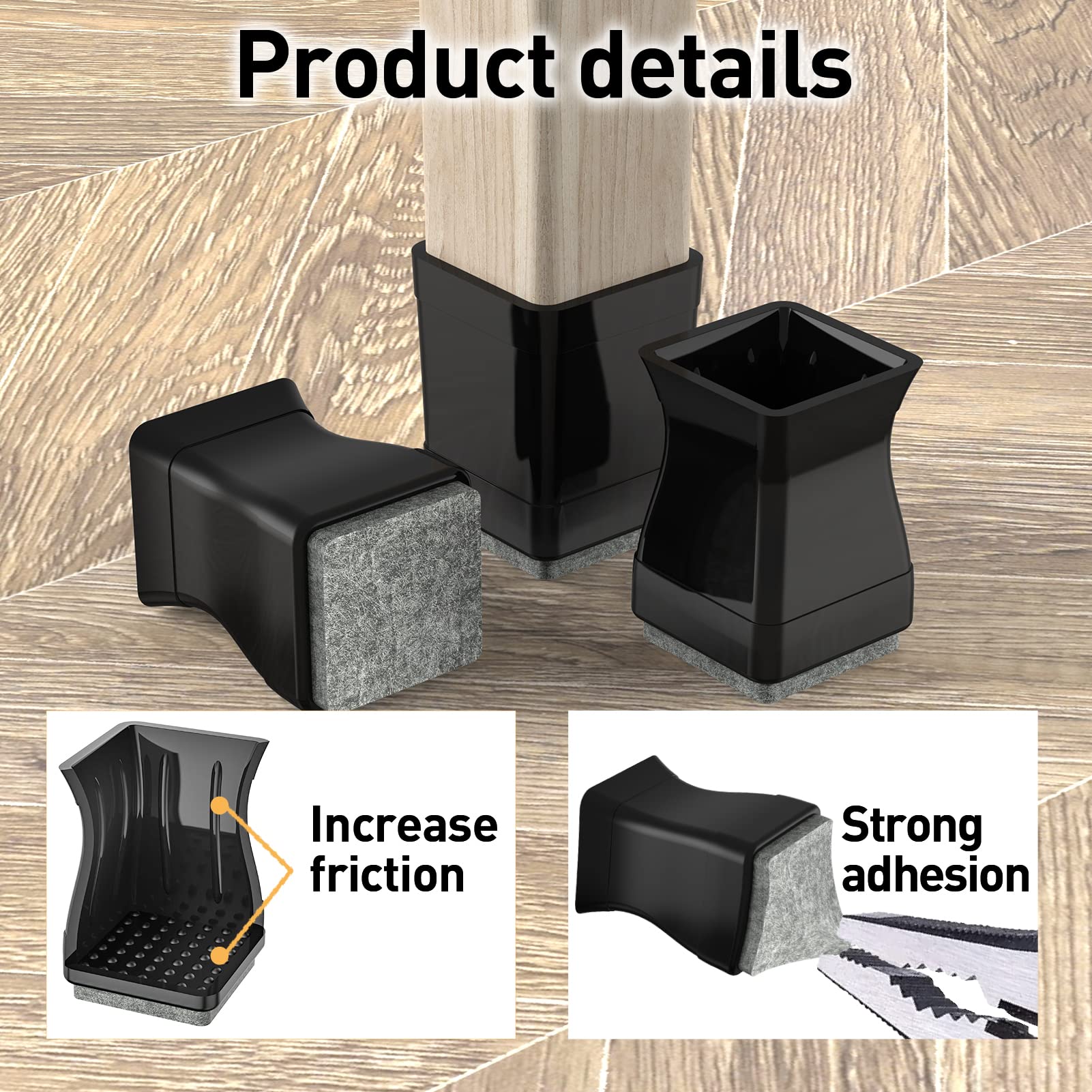 Lot de 16 protections de sol carrées en silicone pour pieds de chaise en bois dur pour éviter les rayures et réduire le bruit, faciles à déplacer (convient pour : 5,1 cm à 6,3 cm, noir)