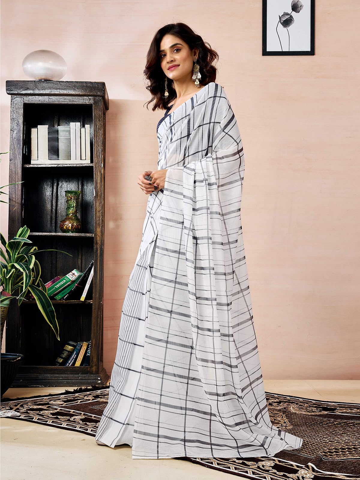 Satrani Women's Chanderi Cotton Printed Ready To Wear Saree With Unstitched Blouse Piece (41Rs368_White)