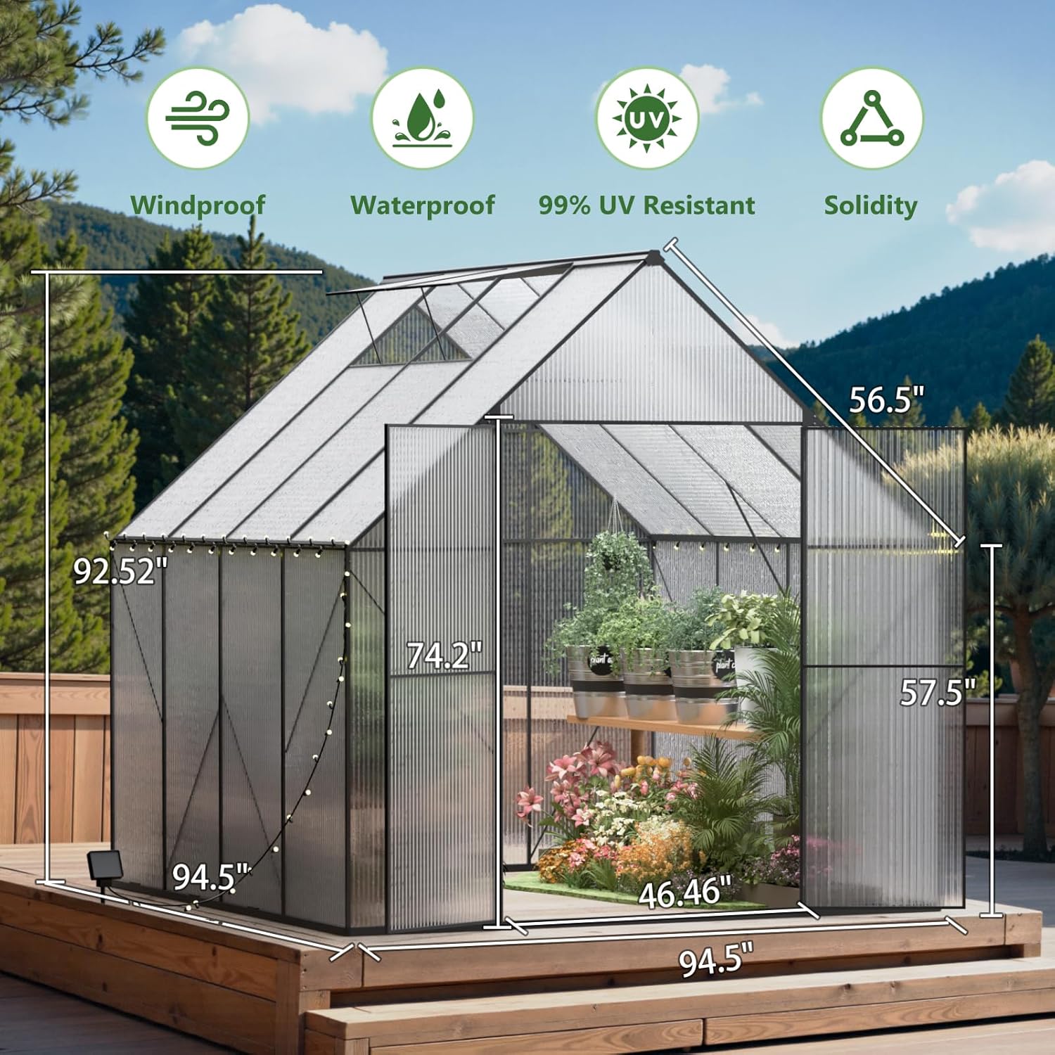 Greenhouse for Outdoors, Heavy Duty Polycarbonate Greenhouse, Walk in Greenhouses for Outdoor Garden Backyard with Roof Vent (8x8 FT)
