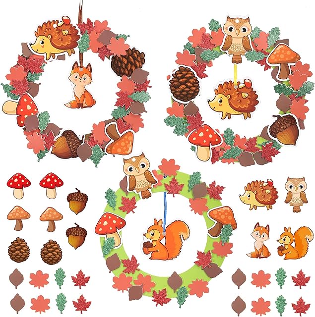 WEDNOK 8pcs Kids Autumn Wreath DIY Kits, Fall Wreath Crafts Set with Maple Oak Leaf Squirrel Hedgehog Fox Owl Mushroom Pattern Design for Children School Craft Group Activities Party Decorations