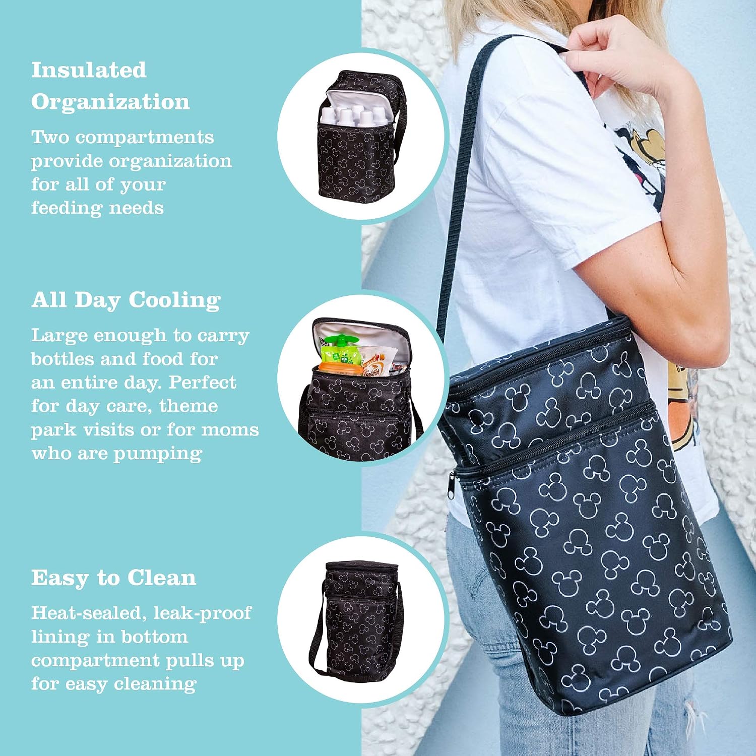 J.L. Childress Disney Baby Six Bottle Breast Milk Cooler Travel Bag - Insulated Baby Bottle Storage Bag, Portable Organizer Pack for Breast Milk, Use for Daycare or On the Go - Mickey Mouse