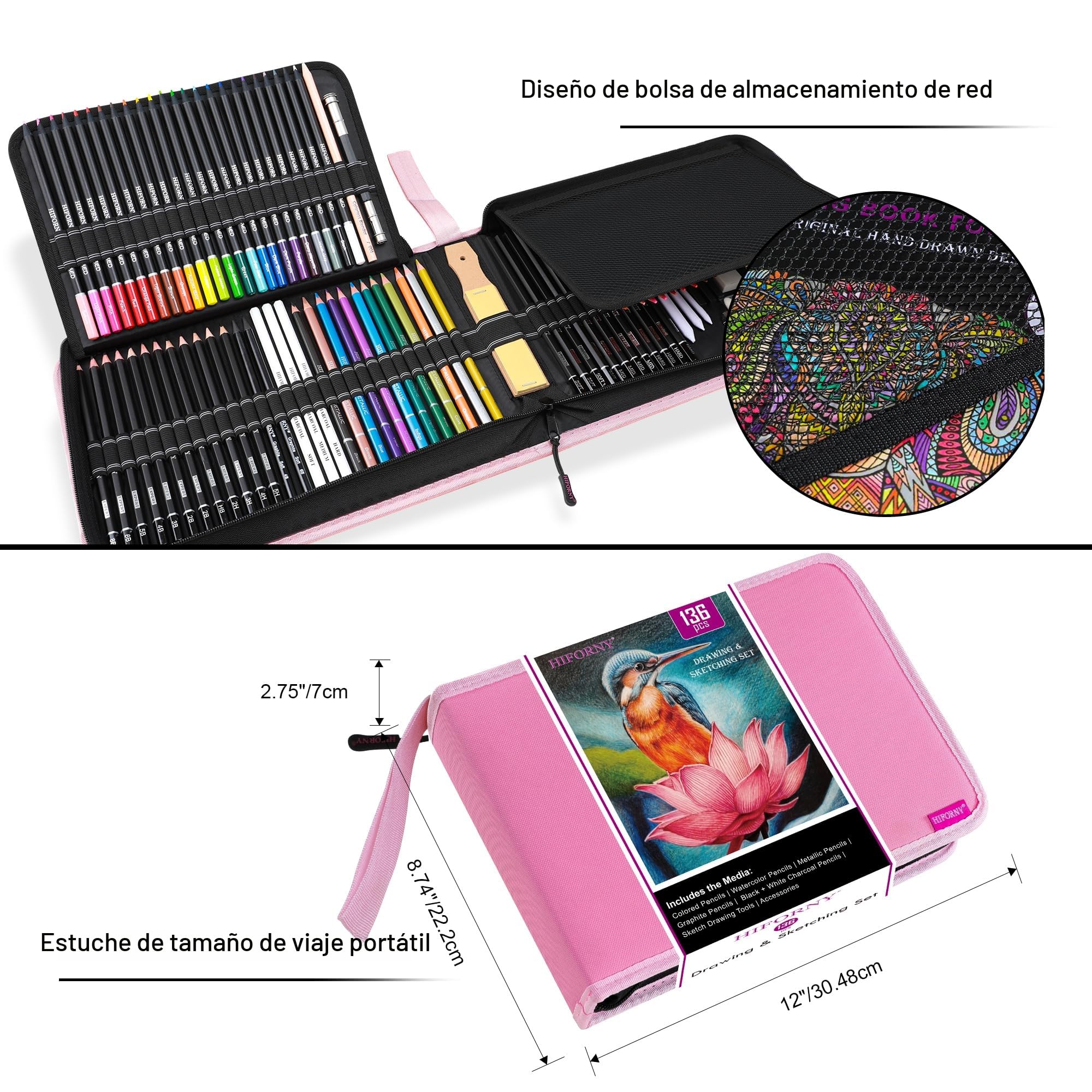 HIFORNY Juego de 136 Piezas de Dibujo y Boceto,Suministros de Arte Profesional con Lápices de Grafito,Carbón,Colores,Acuarela,Metálicos, y Herramientas de Dibujo (Rosado