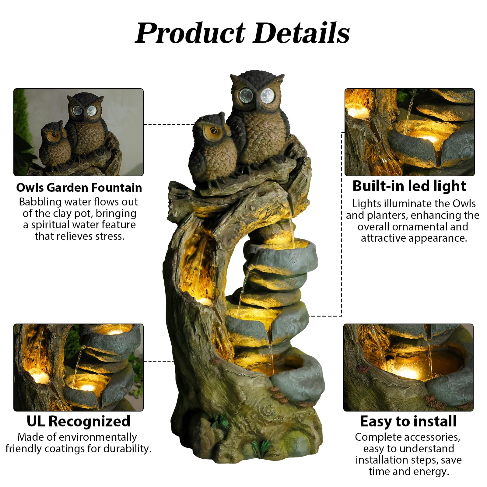 Solar Springbrunnen Außen Eulen, 4 - Stufen Gartenbrunnen Kaskade Zimmerbrunnen mit LED - Beleuchtung, Gartenbrunnen für Balkon, Terrasse, Drinnen & Draußen, Gartendekoration, 87 cm