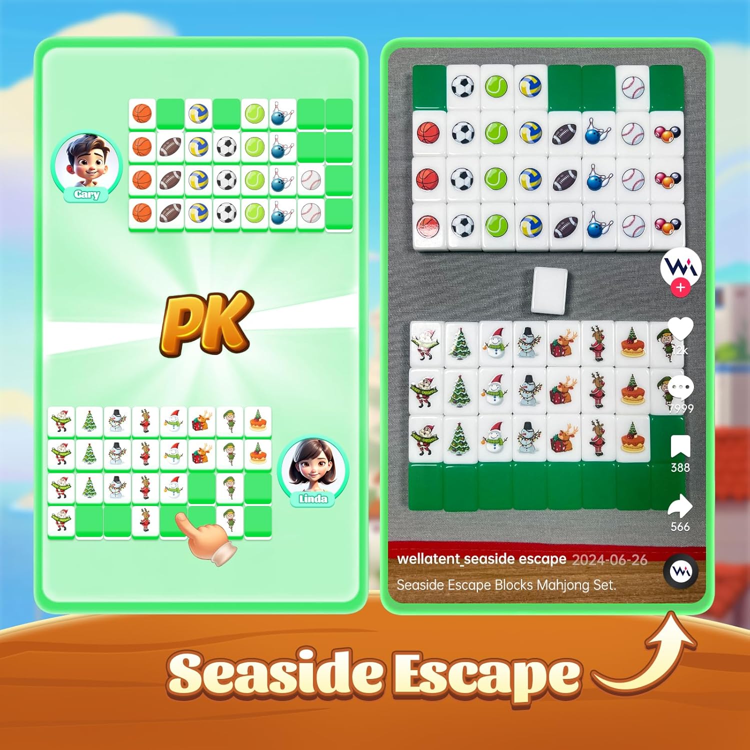 Seaside Escape Game Blocks Mahjong Sets with 65 Tiles 38mm Christmas Pattern with Exquisite Box, Christmas Play with Kids.