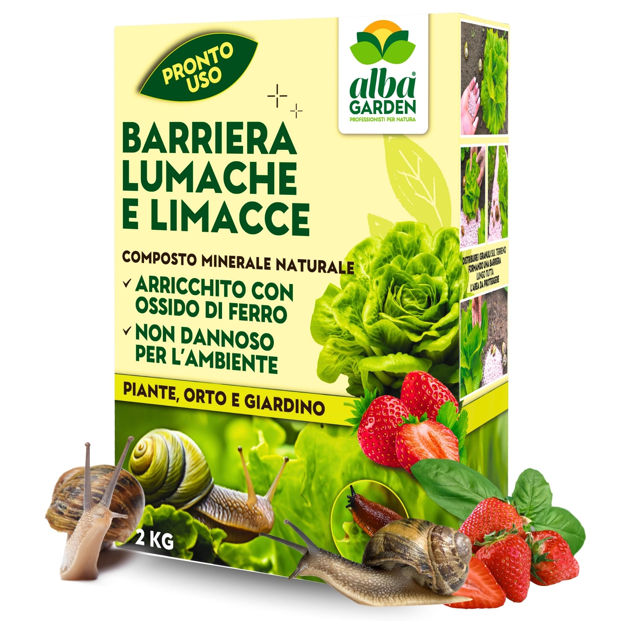 Albagarden - Lumachicida Granulare Naturale con Ossido di Ferro - Maxi x 2 Kg - Barriera Lumache e Limacce a Base di Minerali - Granulare