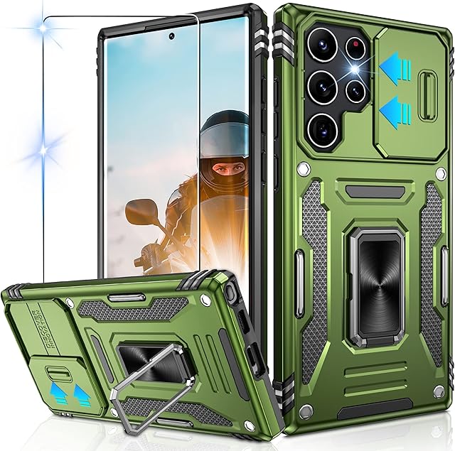Jshru for Samsung S22 Ultra 5G Case with Slide Camera Cover [Camera Protection],Military Grade Shockproof S22 Ultra Case with Ring Kickstand, Anti-Scratch Cover for Samsung Galaxy S22 Ultra,Green