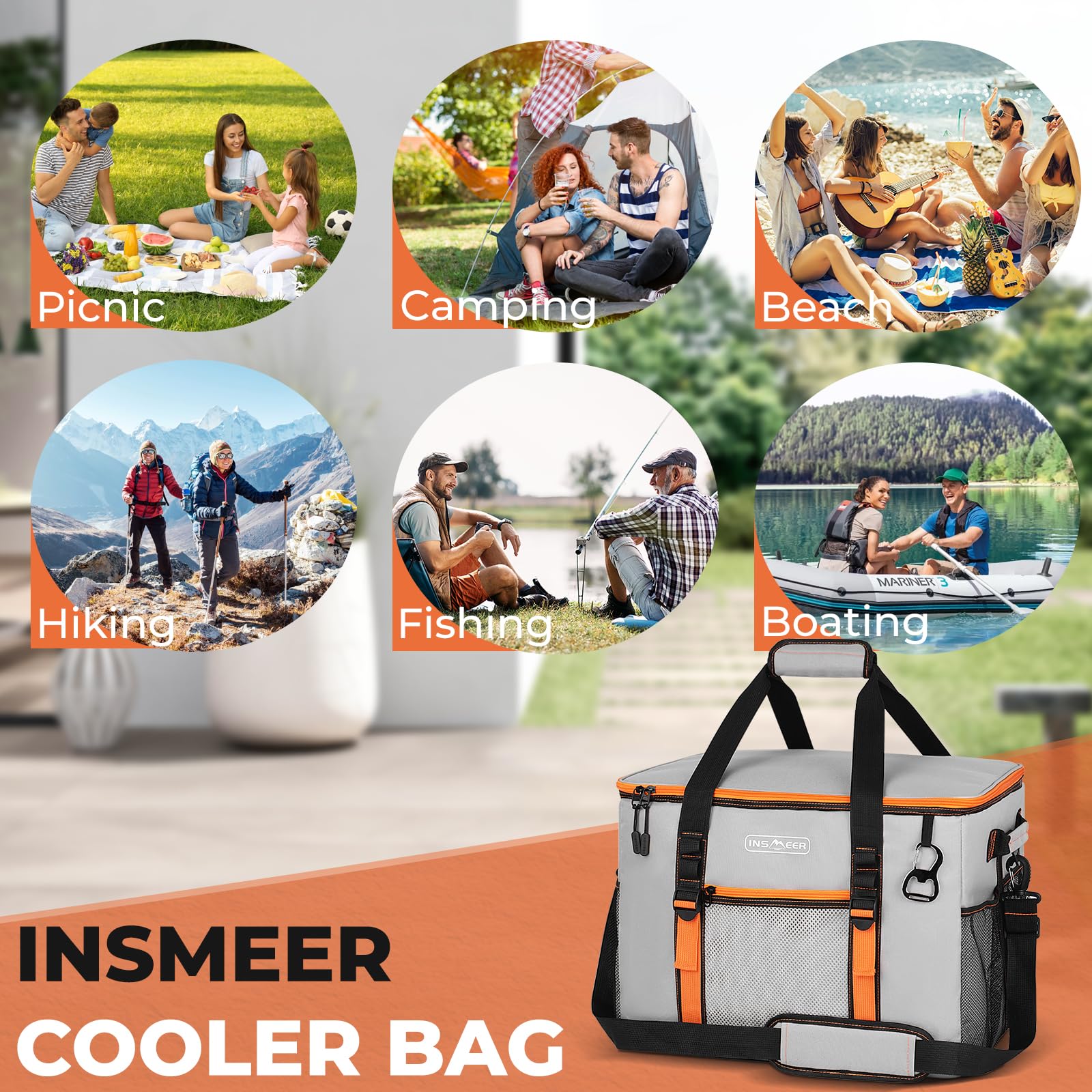 INSMEER Borsa frigo grande da 50 l, pieghevole, per 80 lattine, pieghevole/a prova di perdite, con apertura, borsa da picnic per campeggio, spiaggia, picnic, gite in famiglia, per 4 persone