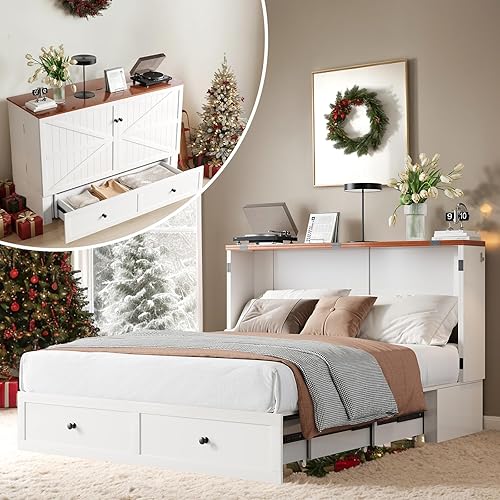 Queen Size Murphy Bed with Tri-Fold Mattress, Cabinet Bed with Charging Station & Large Storage Drawer, Hideaway Full Foldable Platform Bed for Home Office or Guest Bedroom, Living Room,White