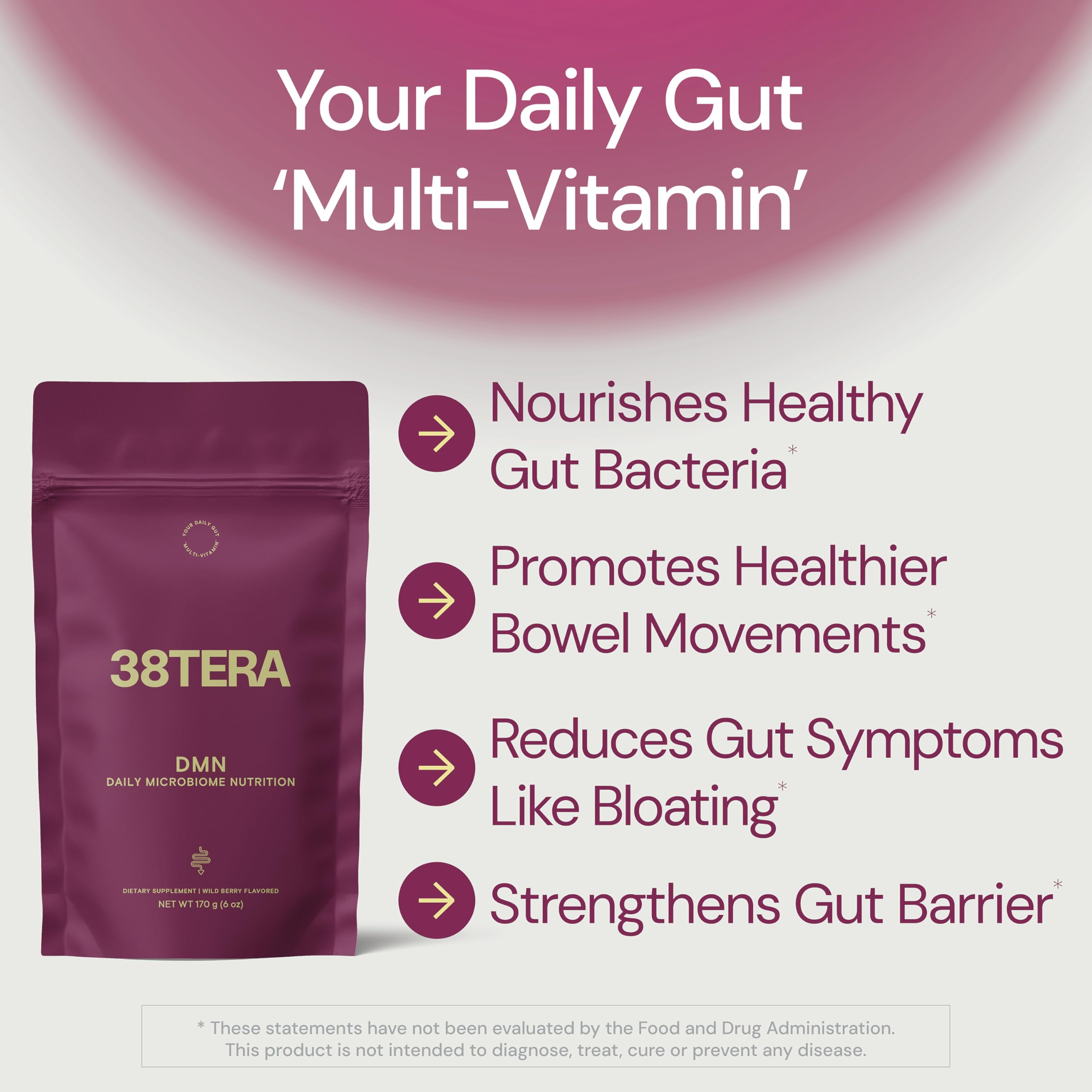 DMN (Daily Microbiome Nutrition), 6 Oz, Plant-Based Fiber Powder with 3 Different Prebiotics, Helps Digestive & Gut Health, Low FODMAP Supplement, Vegan, Wild Berry Flavor, 30 Servings