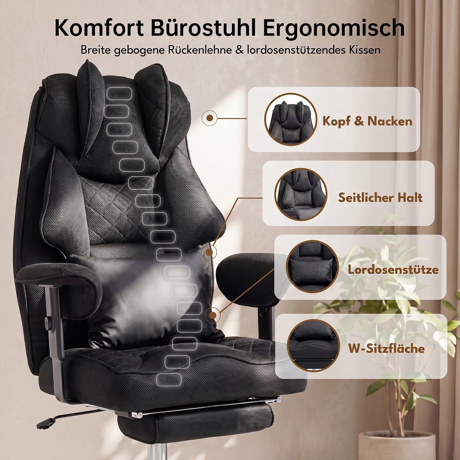 Ergonomischer Bürostuhl 200kg, XXL Chefsessel Fußstütze Homeoffice | XXL Schreibtischstuhl Ergonomisch, 90–135° Rückenlehne, W-Form Sitzkissen, Lendenkissen, Mesh Stoff Schwarz