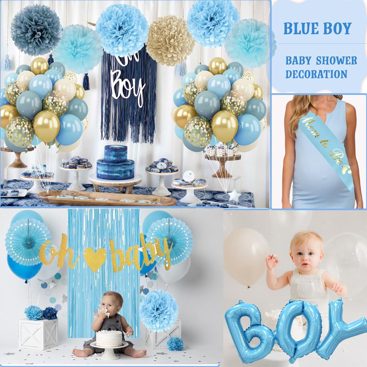 Baby Boy Shower Decorations - Dusty Blue Baby Shower Decorations - Welcome Baby Boy Decoration with Blue Balloons, Paper Pom Poms,Mom to be Sash for Boys Baby Shower Decor Gender Reveal Party - Image 7