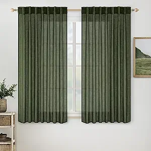 MIULEE Olive Green Linen Curtains 54 Inch Length 2 Panels for Bedroom Living Room, Soft Thick Linen Textured Natural Short Window Drapes Semi Sheer Light Filtering Back Tab Burlap Look Decor