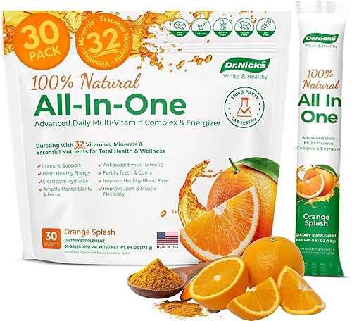 Dr. Nick's Multivitamínico en polvo para mujer, paquete de 30, salpicaduras de naranja, multivitamínico para mujeres con 32 vitaminas y minerales,