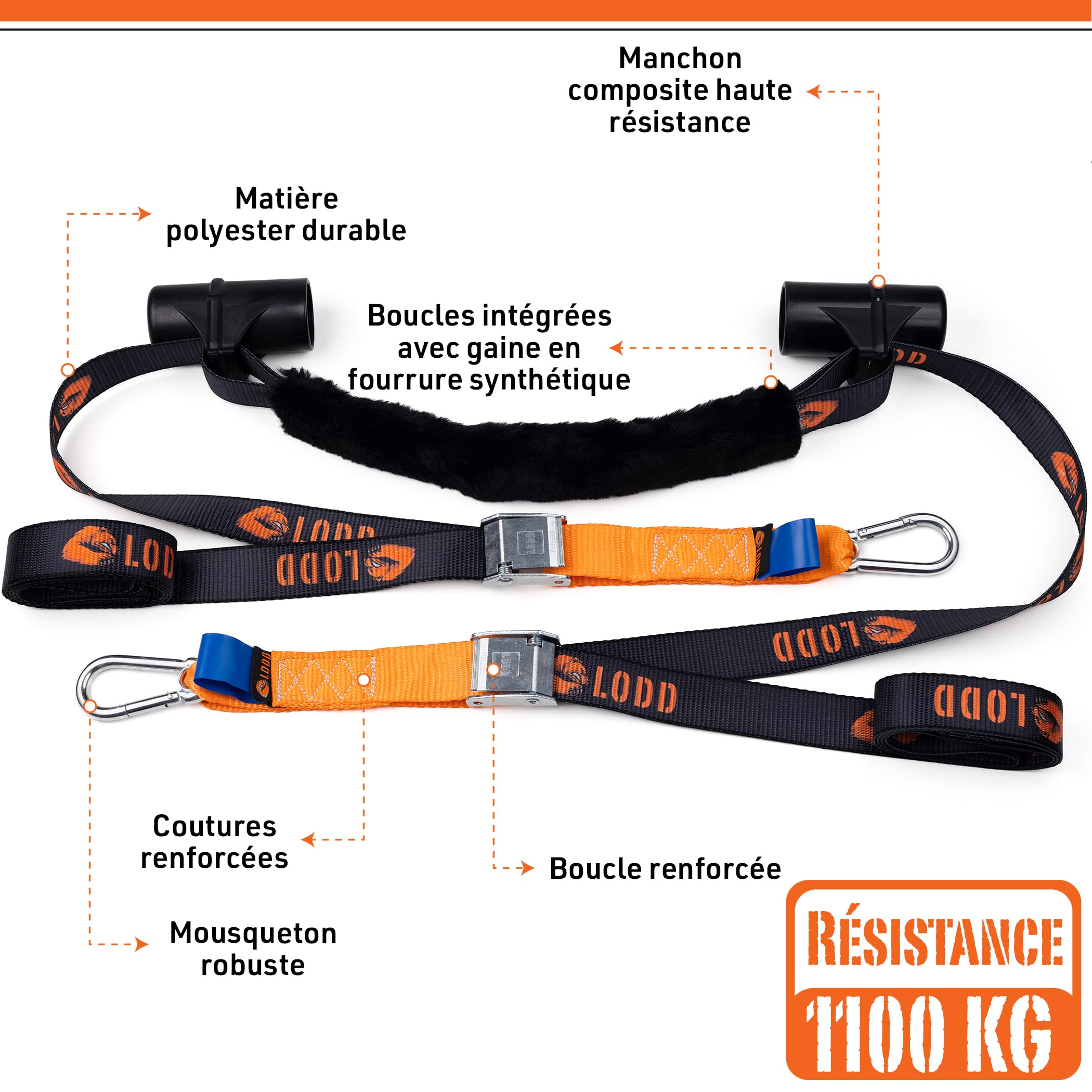 LODD – Sangles Moto, Arrimage au Guidon avec Manchons Composites Renforcés, Boucles Renforcées, 38 mm, Résistance 1100 kg, Mousquetons Acier, Remorque, Motos routières & Sportives – Valise Incluse