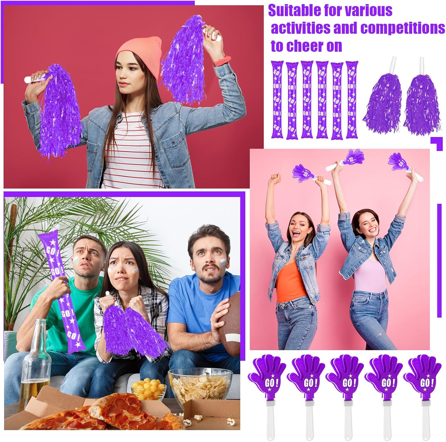 Hungdao 60 Pcs Noise Makers Homecoming Football Favors Include 24 Thunder Sticks Cheer Sticks 12 Hand Clapper 24 Cheerleading Pom Poms for Sporting Events Pep Rally Supplies(Purple)