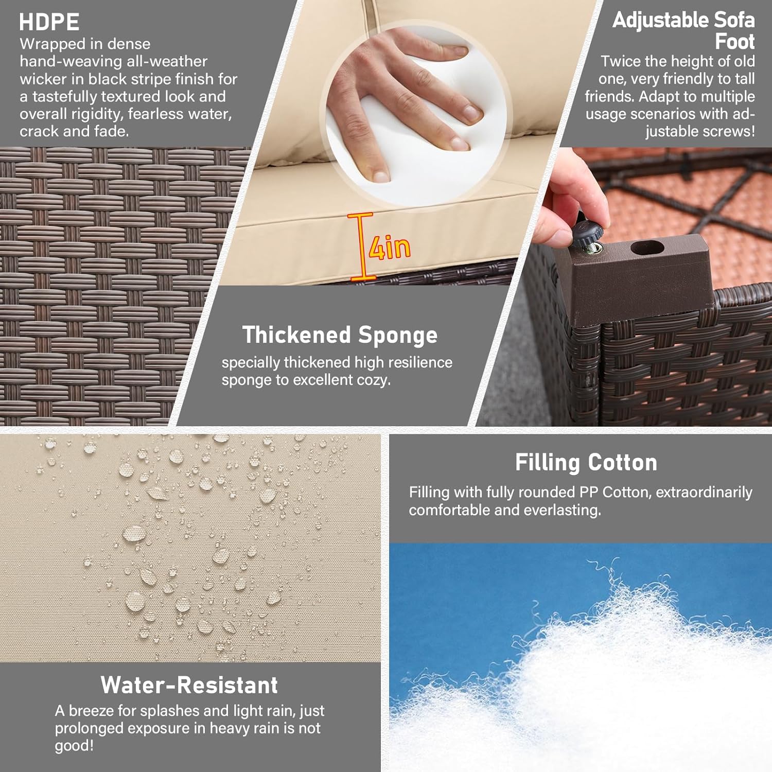 Patio Furniture 3-seat Sofa Wicker Outdoor Furniture Outdoor Couch Deep Seat Hight Backrest Non-Slip Cushions, Khaki image 5 of 7 B0F1MN5F5L