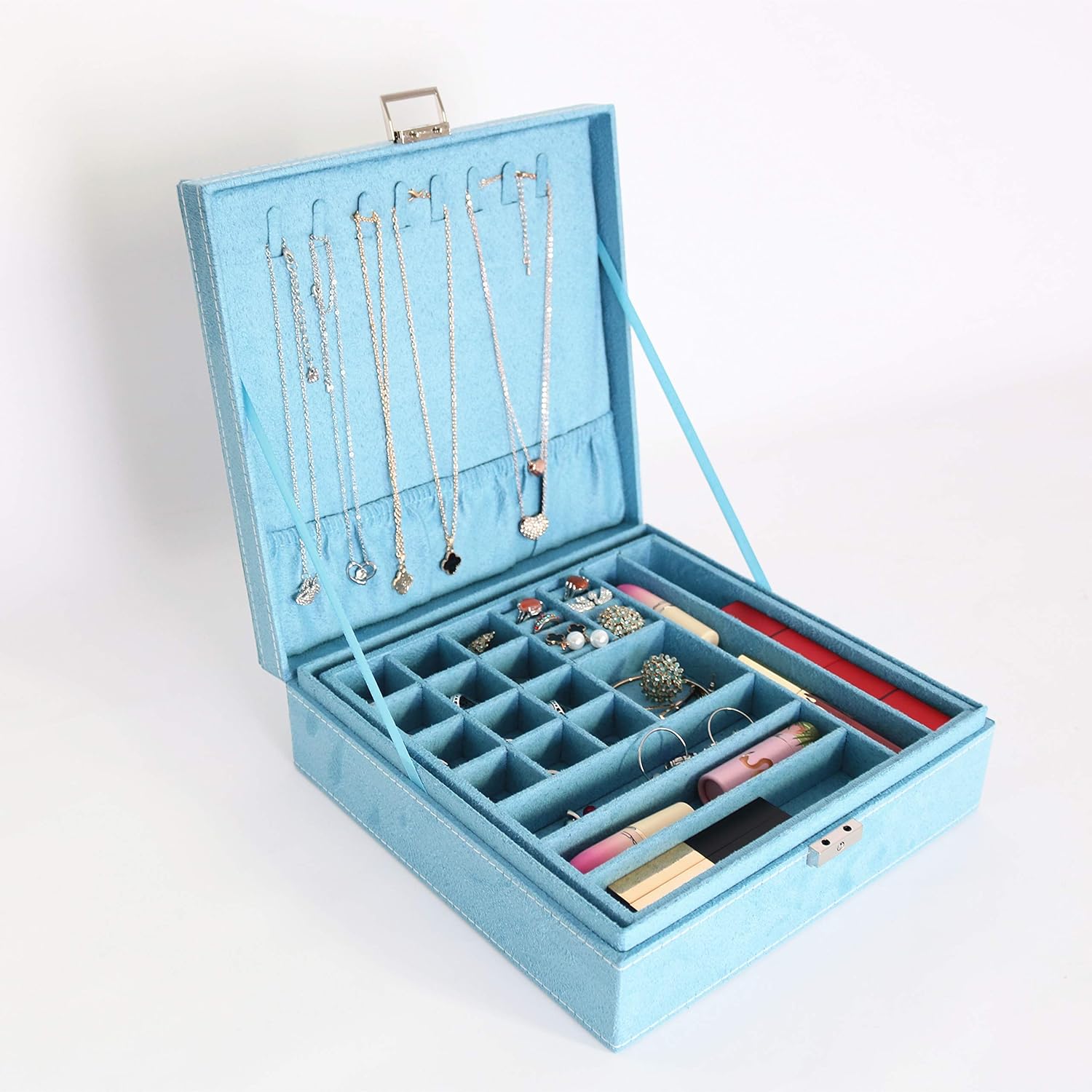 PENGKE 2 Layer Jewelry Box for Women 36 grid necklace or jewelry holder organizer with lock,Blue Pack of 1: Home Improvement