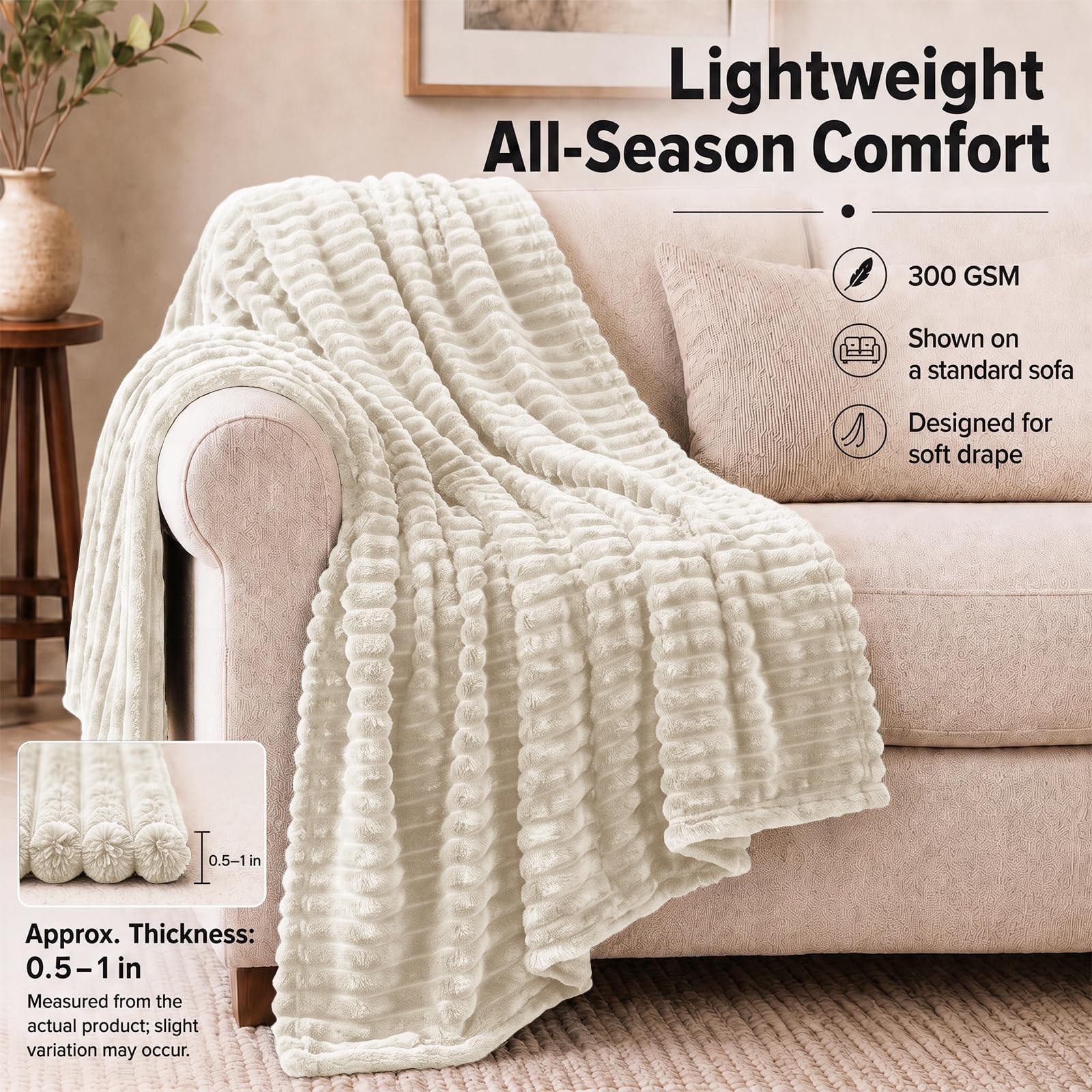 HIMEET Beige Throw Blanket for Couch, 300GSM Ribbed Fleece, 50 x 60 Inches view 2
