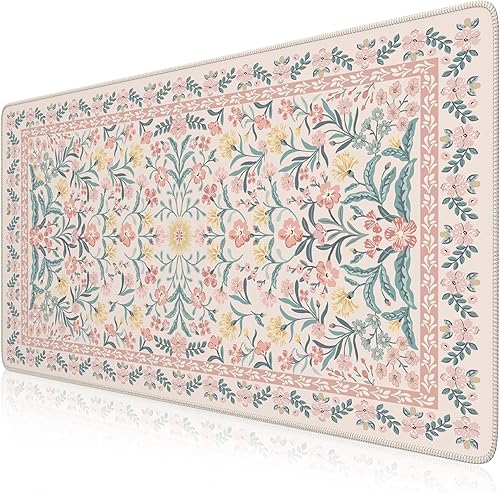 iCasso Alfombrilla de escritorio floral rosa, alfombrilla de mouse grande XXL, alfombrilla de mouse grande antideslizante con bordes cosidos,