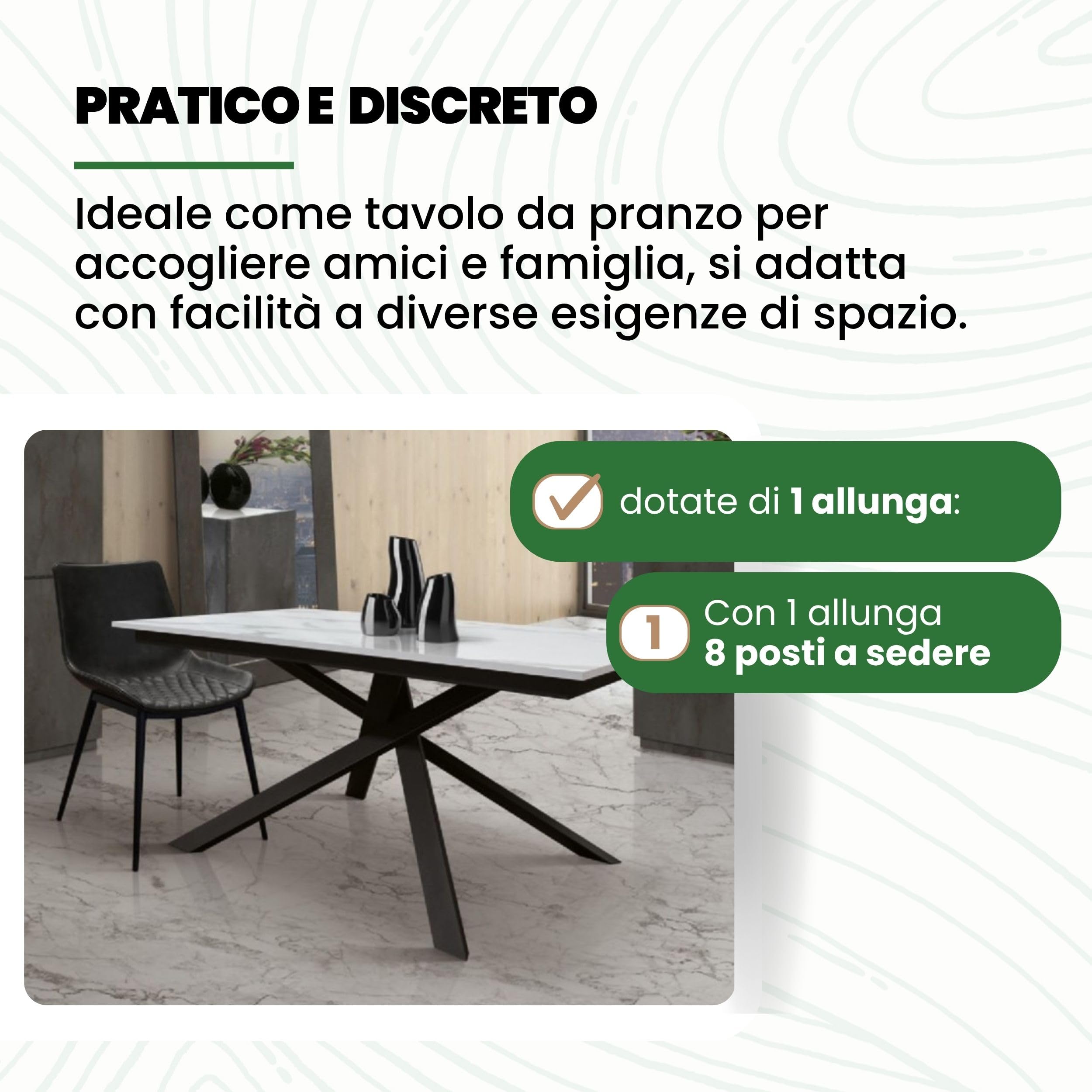 Mar.c.a. Design - Tavolo da Pranzo Allungabile 140x80x77 cm - Allungabile Fino a 200 cm Piano in Legno Nobilitato e Gambe in Acciaio - Nero Effetto Marmo - Made in Italy