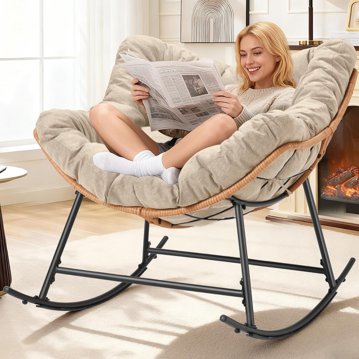 Outdoor Comfy Rocking Chair with Thick Cushion, Rattan Rocker Egg Chair Indoor with Straps, Patio Rocking Chair 450lbs for Garden, Backyard, Balcony, Lawn, Bedroom, Living Room (Beige)