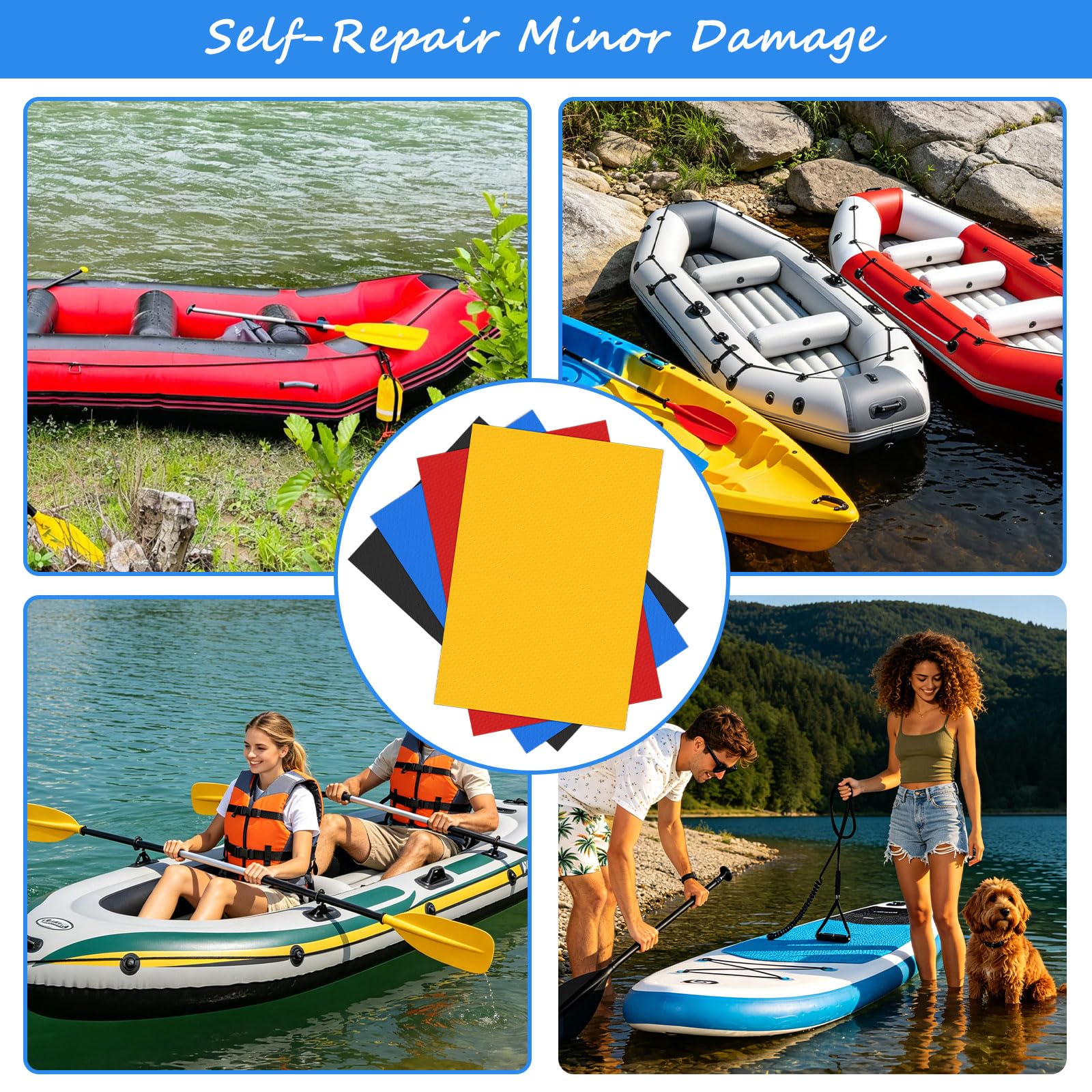 4 Pezzi Toppa di Riparazione per Gommone, 10cm x 15cm Toppa di Riparazione in PVC, Kit Riparaziones SUP Gonfiabile per Kayak, Gommone, Barca, Canoa, SUP Gonfiabile(Colori)