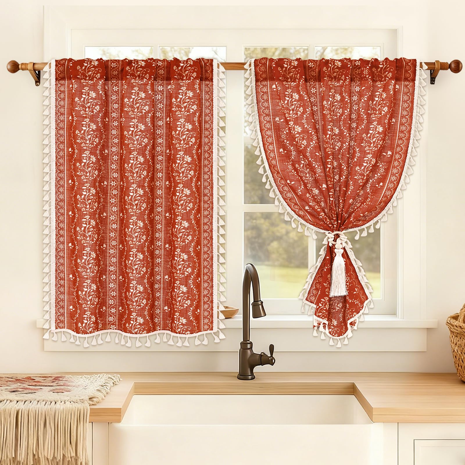 Yinhua Boho Kitchen Curtains 36 Inch Length Vintage Linen Burnt Orange Cafe Curtains Light Filtering Floral Tier Rod Pocket Farmhouse Rustic Tassel Terracotta Small Drapes with Tiebacks, 2 Panels