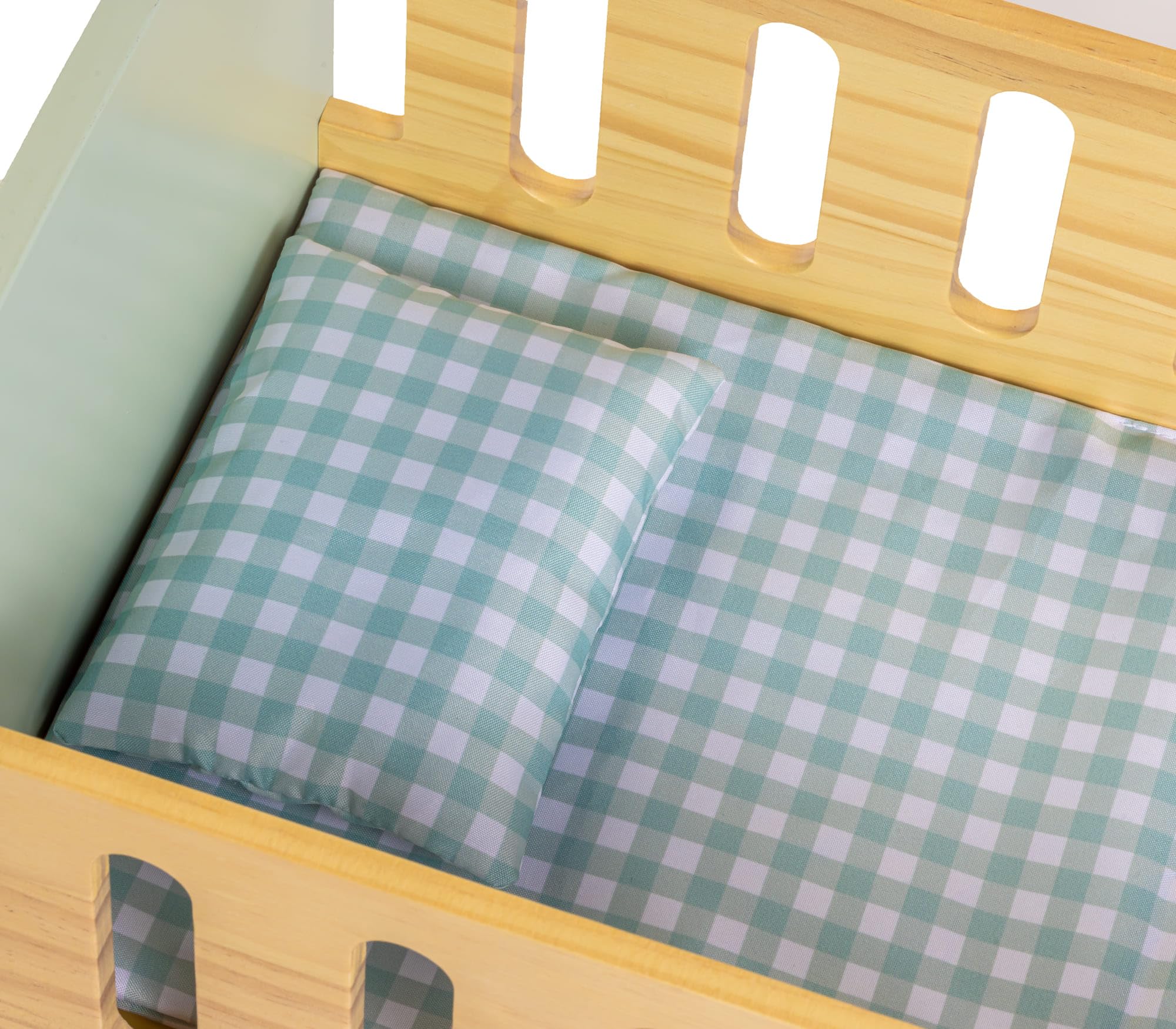 JC Toys- Cuna de Madera con Armario, para muñecas de hasta 45 cm, Ideal para Jugar, Incluye Cama Acolchada, Almohada y 3 Perchas, diseño Multicolor, Colores Pastel, + 3 años