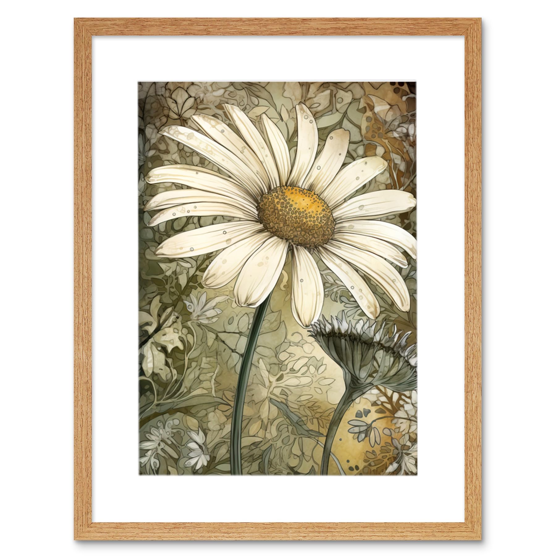 Artery8 Pastel Watercolour Daisy Flower Bloom Illustration Artwork Framed Wall Art Print 12X16 Inch