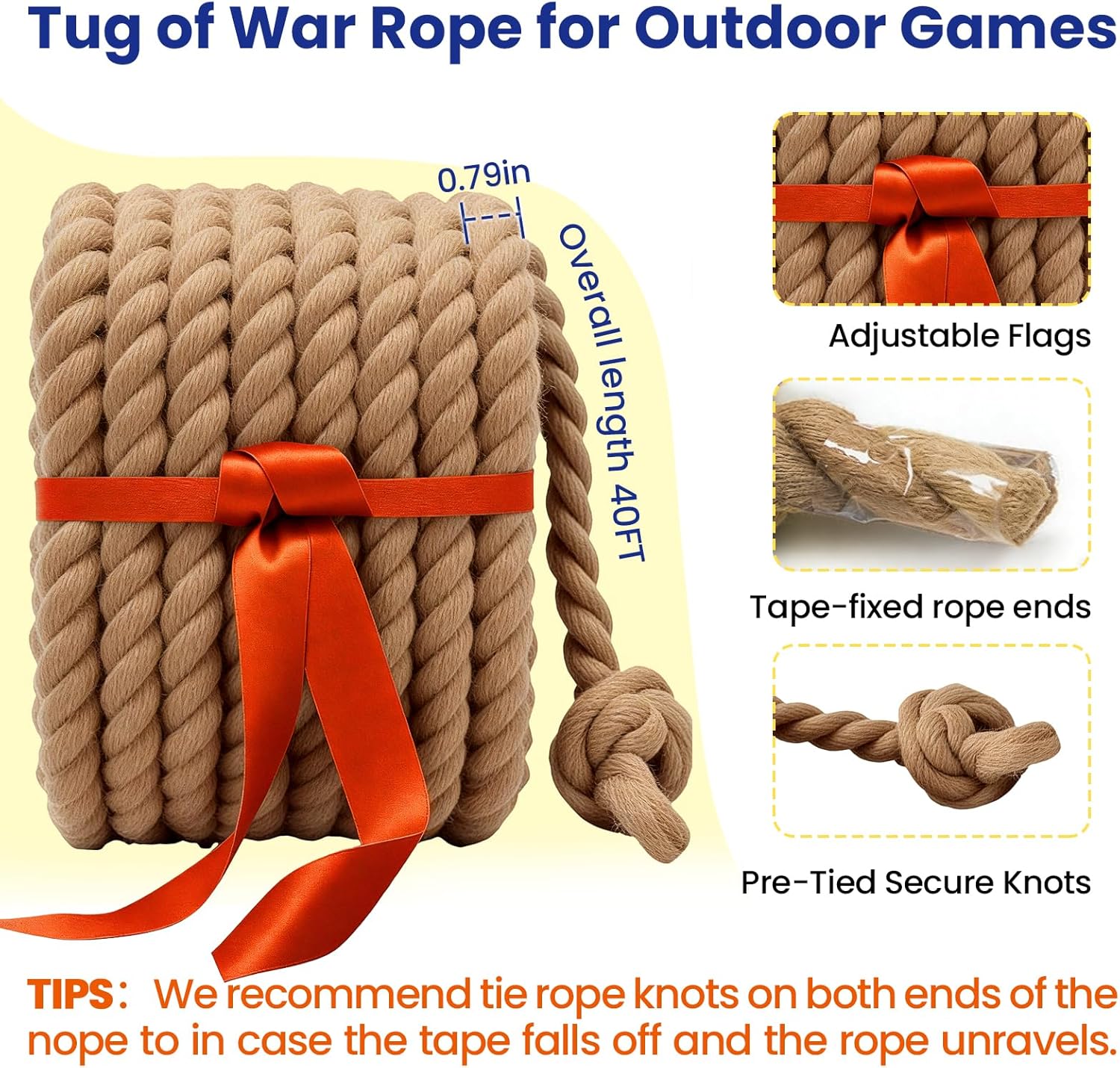 40FT Tug of War Rope for Summer Games, Natural Twisted Cotton Rope Outdoors Yard Backyard Camping Lawn Game for Team Building Activities Field Day Family Reunion Birthday Party