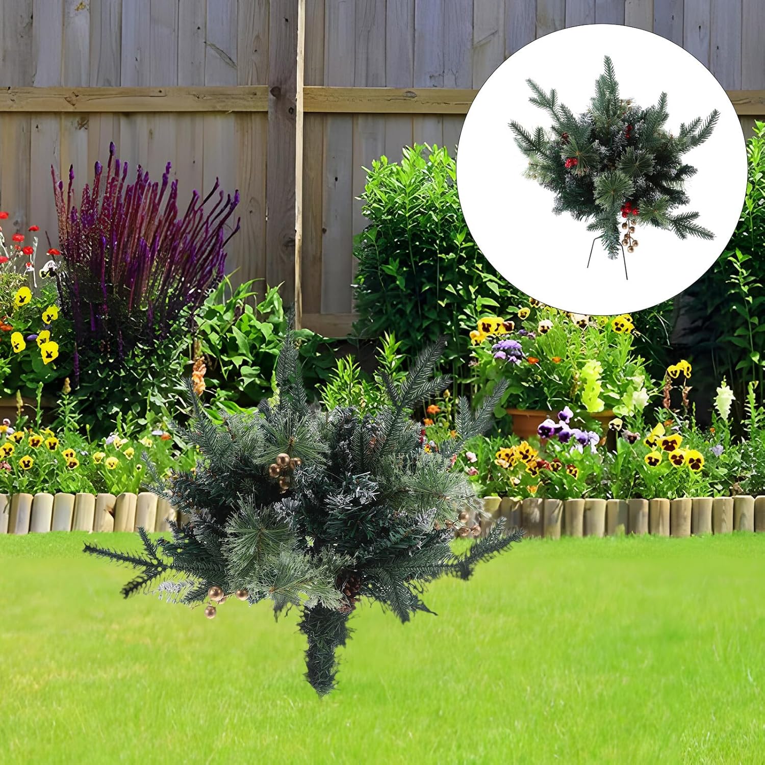 VANZACK Outdoor Christmas Tree Stake with Artificial Pine Branches and Red Berry Pinecone Decorations for Garden Patio Lawn Yard Holiday Ornament